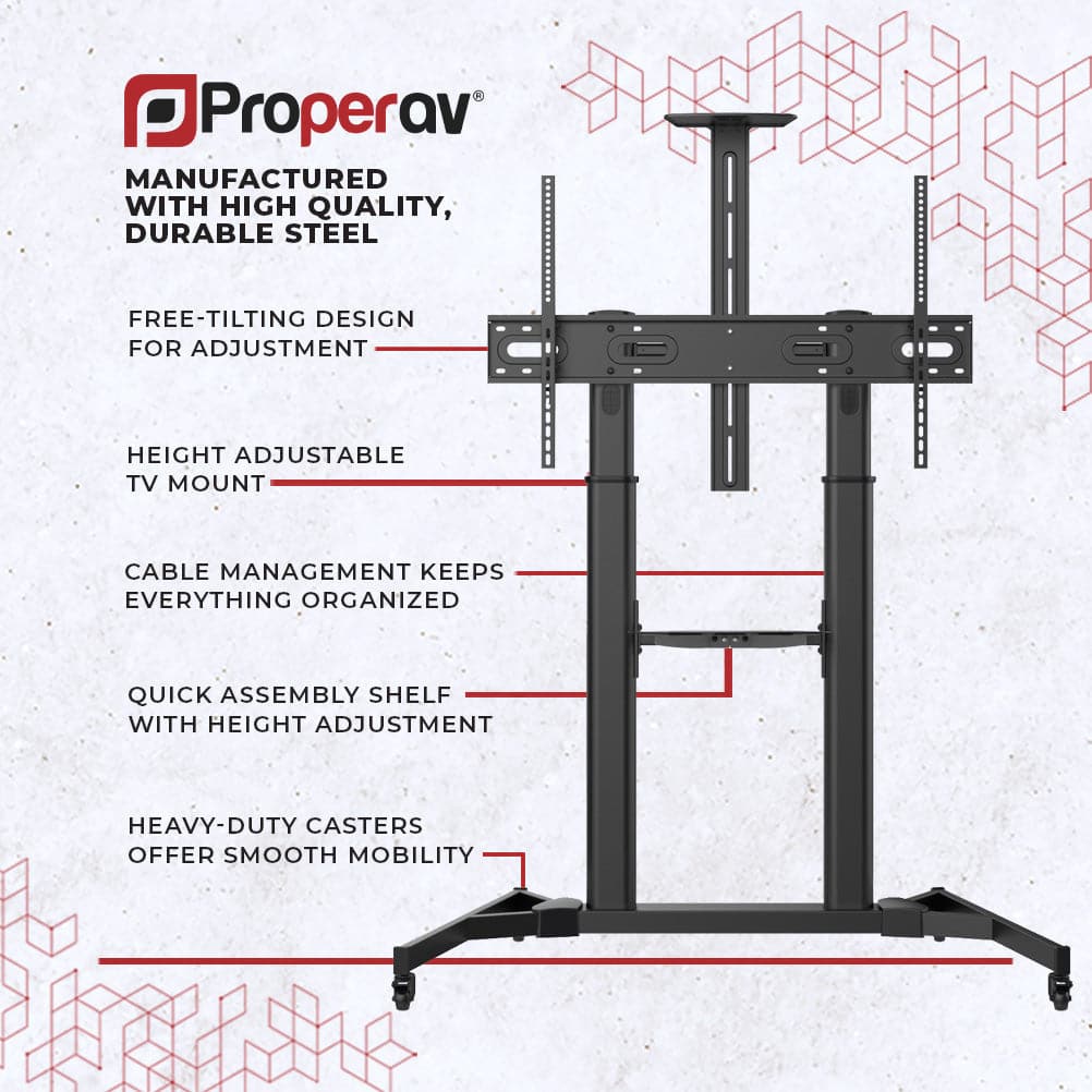 ProperAV Mobile TV Trolley Stand on Wheels for 60" - 100" Screens (100kg Capacity / VESA Max. 600x1000)