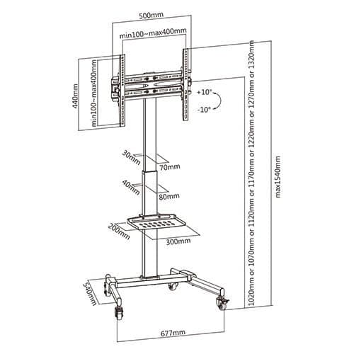 ProperAV Mobile TV Trolley Stand on Wheels for 32" - 55" Screens (35kg Capacity / VESA Max. 400x400)