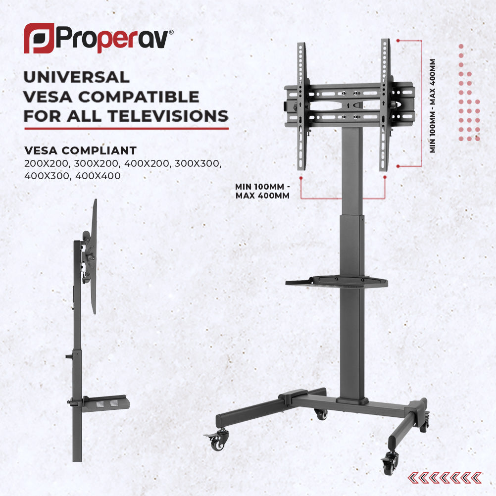 ProperAV Mobile TV Trolley Stand on Wheels for 32" - 55" Screens (35kg Capacity / VESA Max. 400x400)