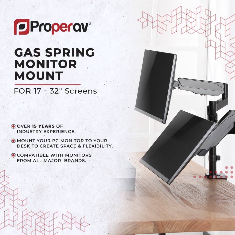 ProperAV 17" - 32" Gas Spring Dual Swing Arm Extra Height Desk Clamp PC Monitor Mount (VESA Max. 100x100)