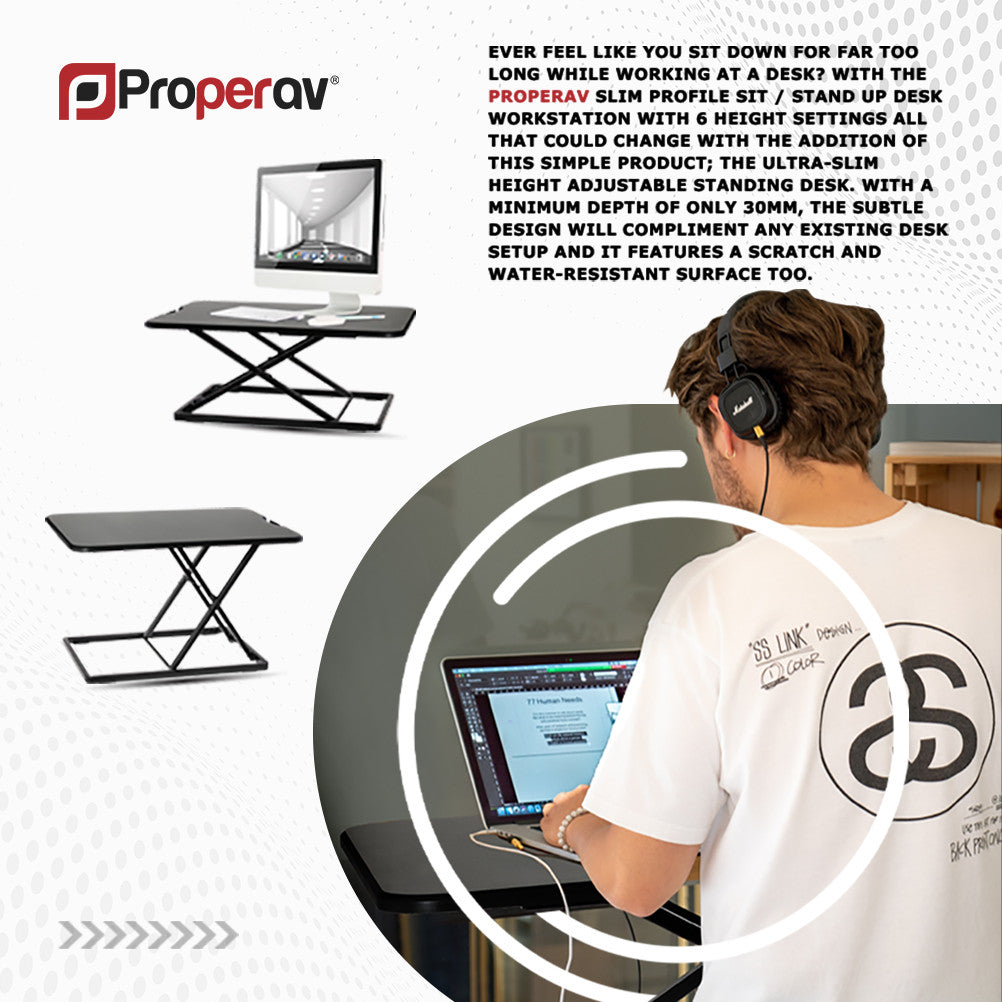 ProperAV Slim Profile Adjustable Stand Up Desk Workstation with 6 Height Settings - Black - maplin.co.uk