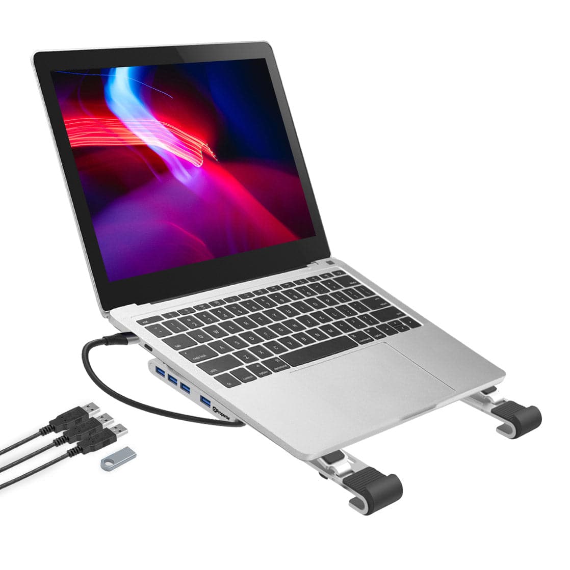 ProperAV Aluminium Portable Laptop or Tablet Stand with Built-in 100W USB-C Hub / 4 x USB-A Ports - Silver - maplin.co.uk