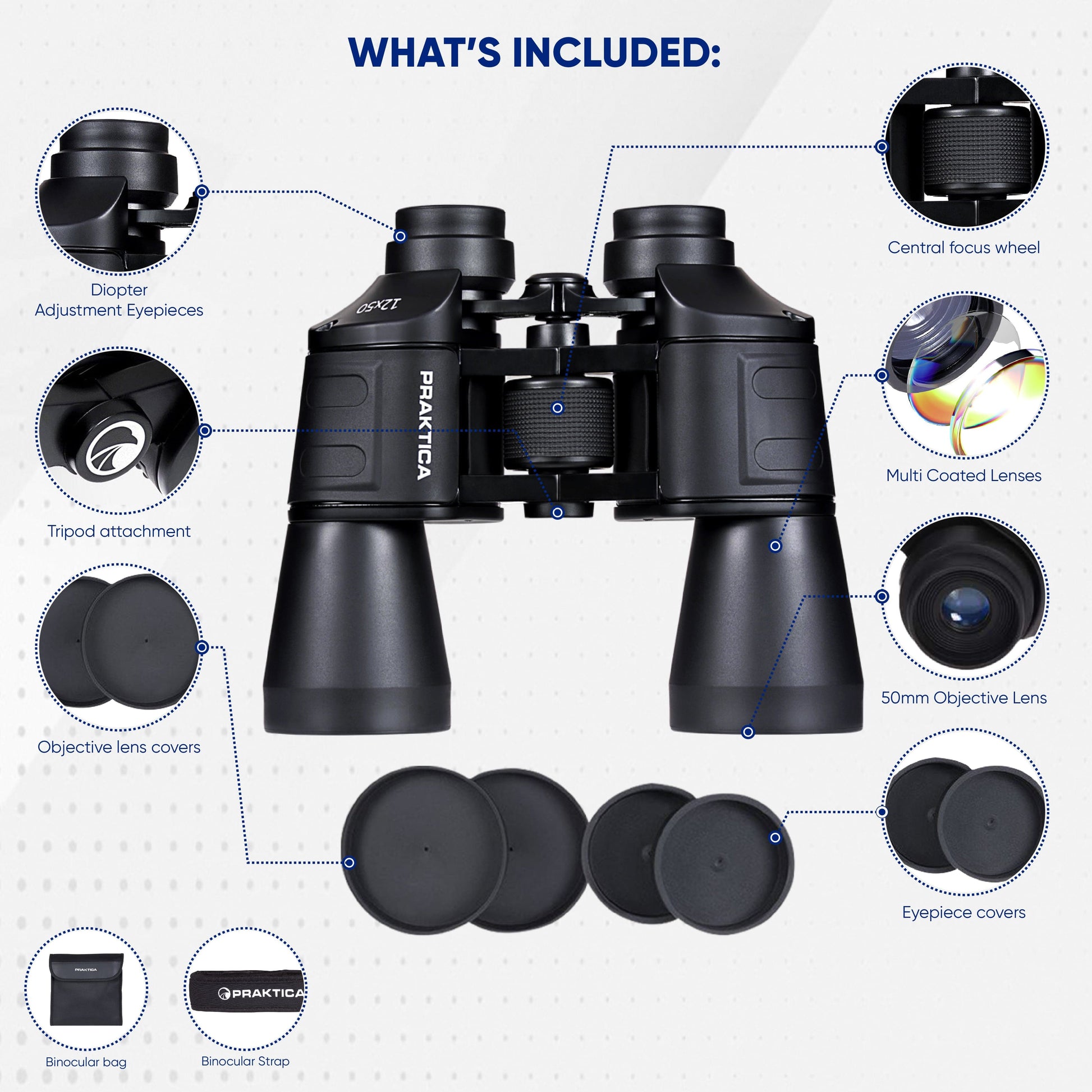 PRAKTICA Falcon 12x50mm Multi Coated Porro Prism Field Binoculars - Black - maplin.co.uk