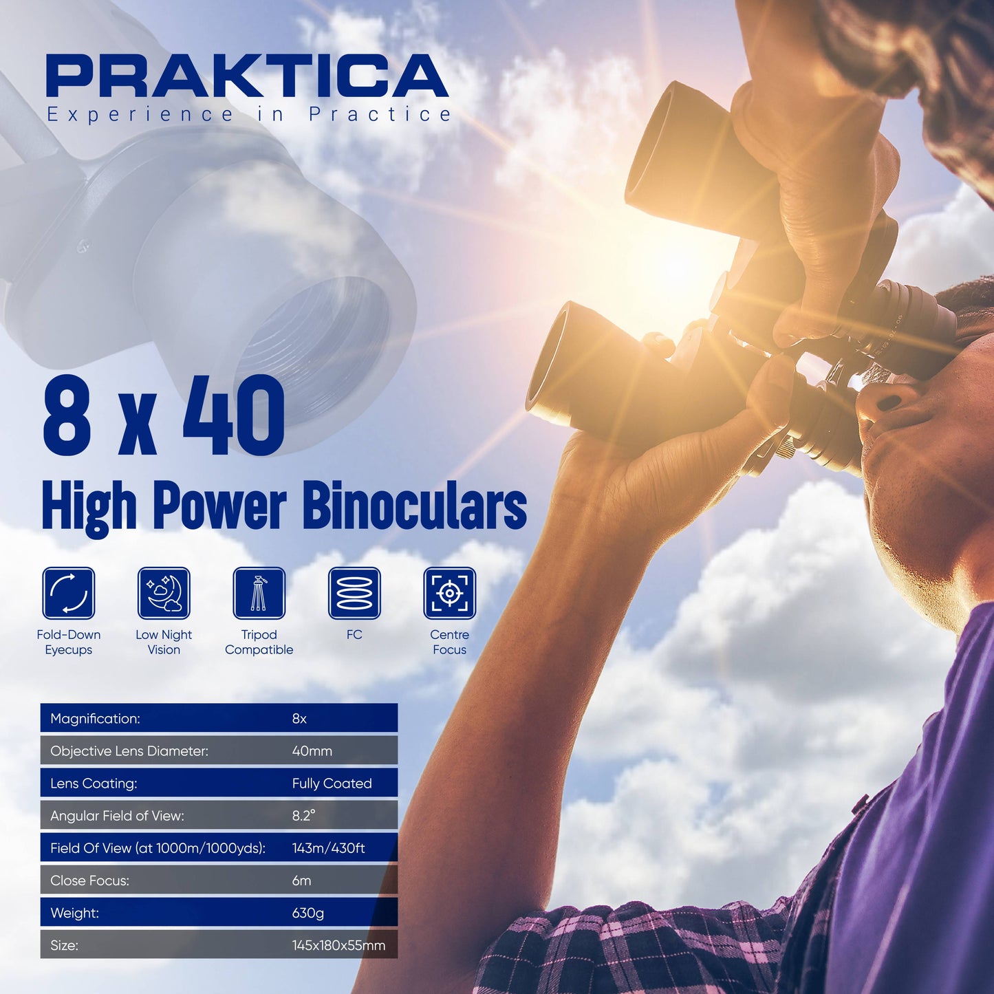 PRAKTICA Falcon 8x40mm Wide Angle Porro Prism Field Binoculars - Black - maplin.co.uk