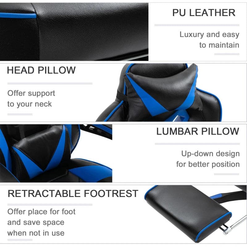 Maplin Plus Ergonomic Racing Adjustable Reclining Gaming Office Chair with Headrest, Lumbar Support & Retractable Footrest