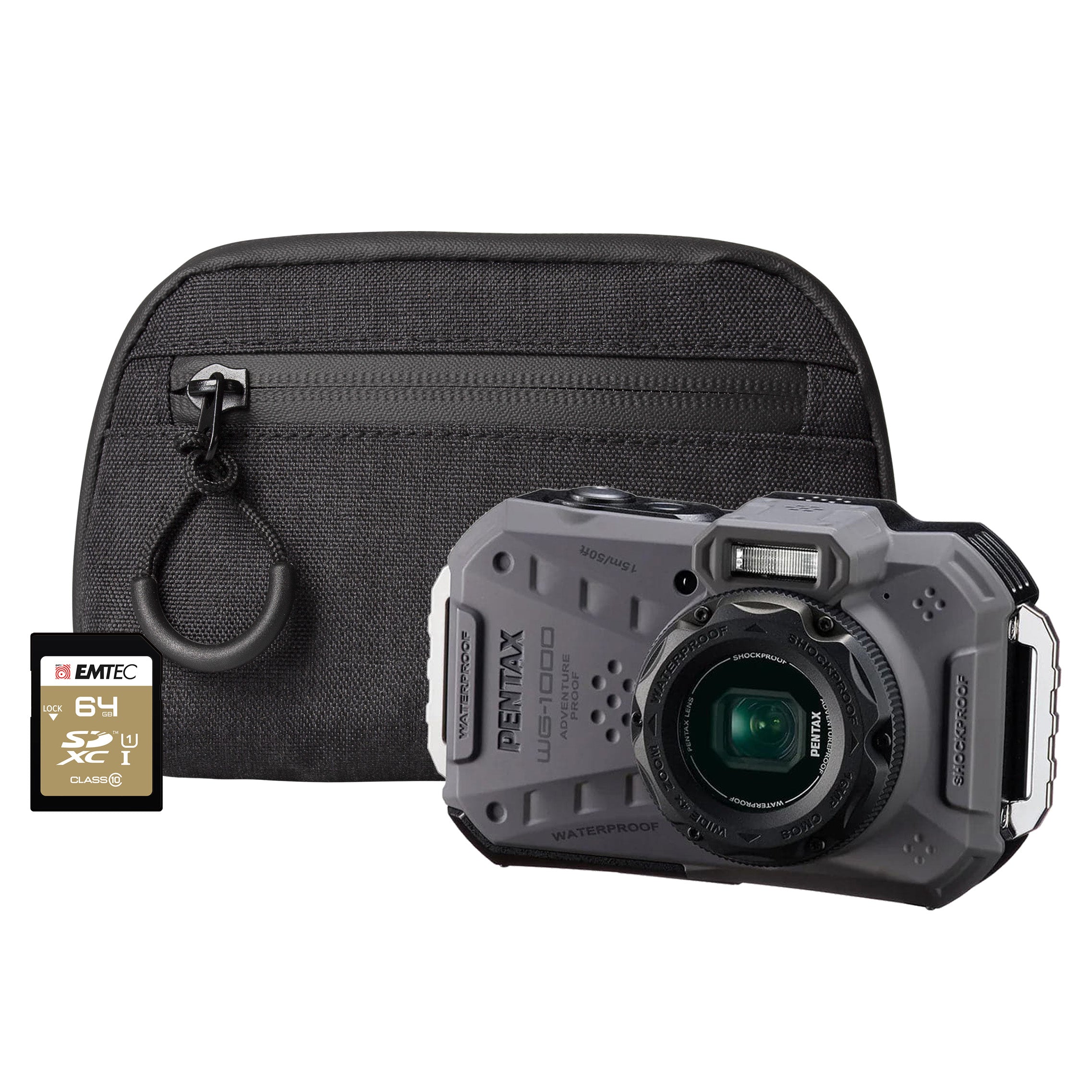 Pentax WG-1000 16MP 4x Zoom Tough Compact Camera - Grey Camera + 64GB SD Card + Case