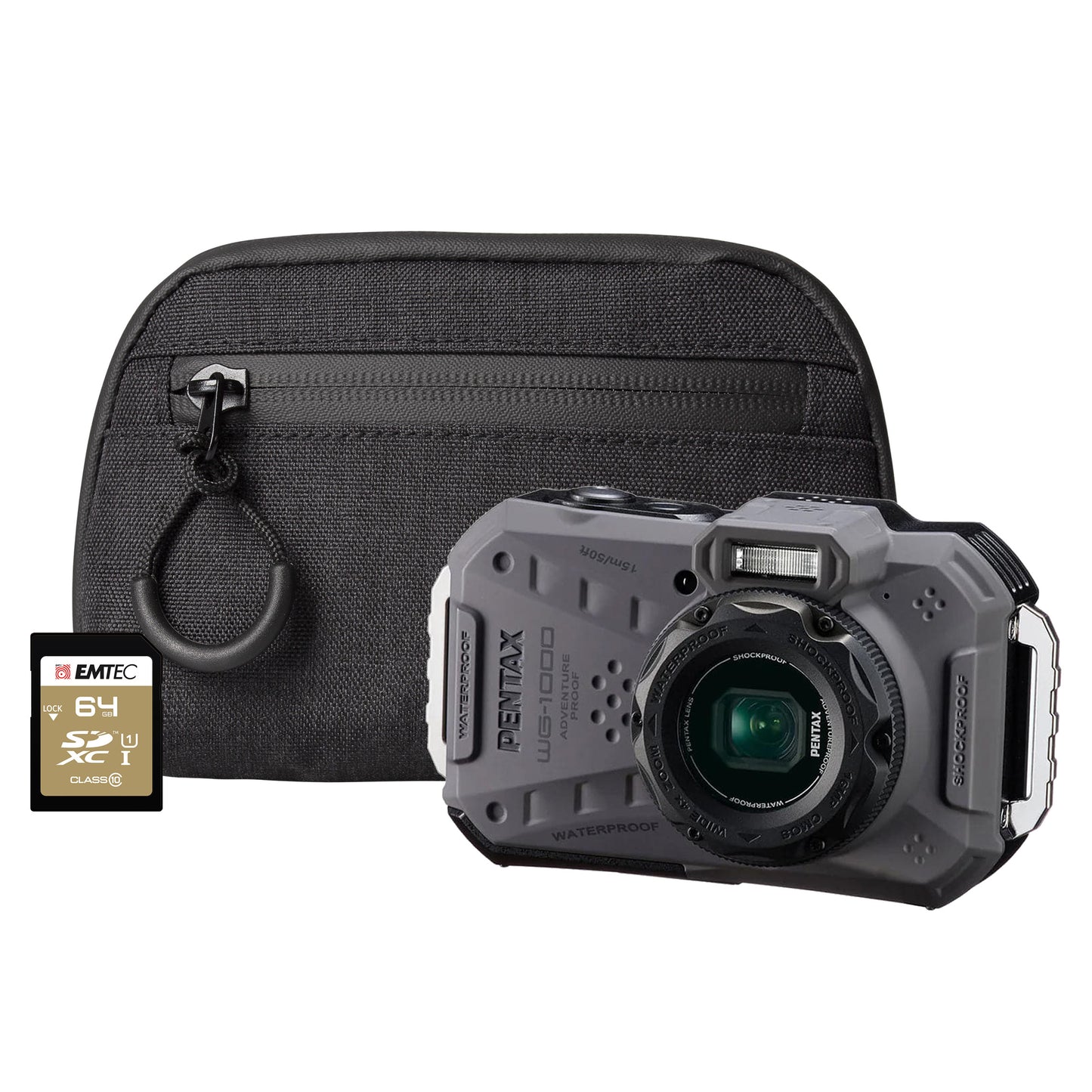 Pentax WG-1000 16MP 4x Zoom Tough Compact Camera - Grey Camera + 64GB SD Card + Case