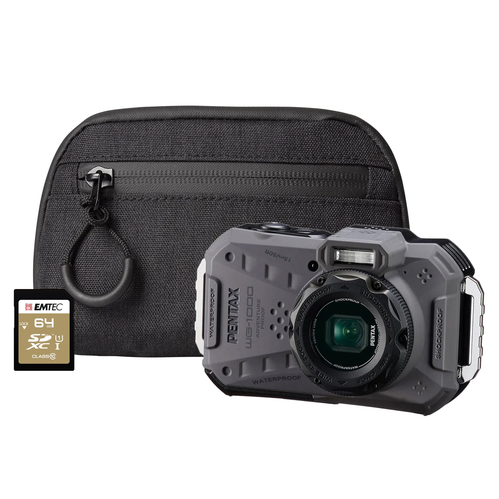 Pentax WG-1000 16MP 4x Zoom Tough Compact Camera - Grey Camera + 64GB SD Card + Case