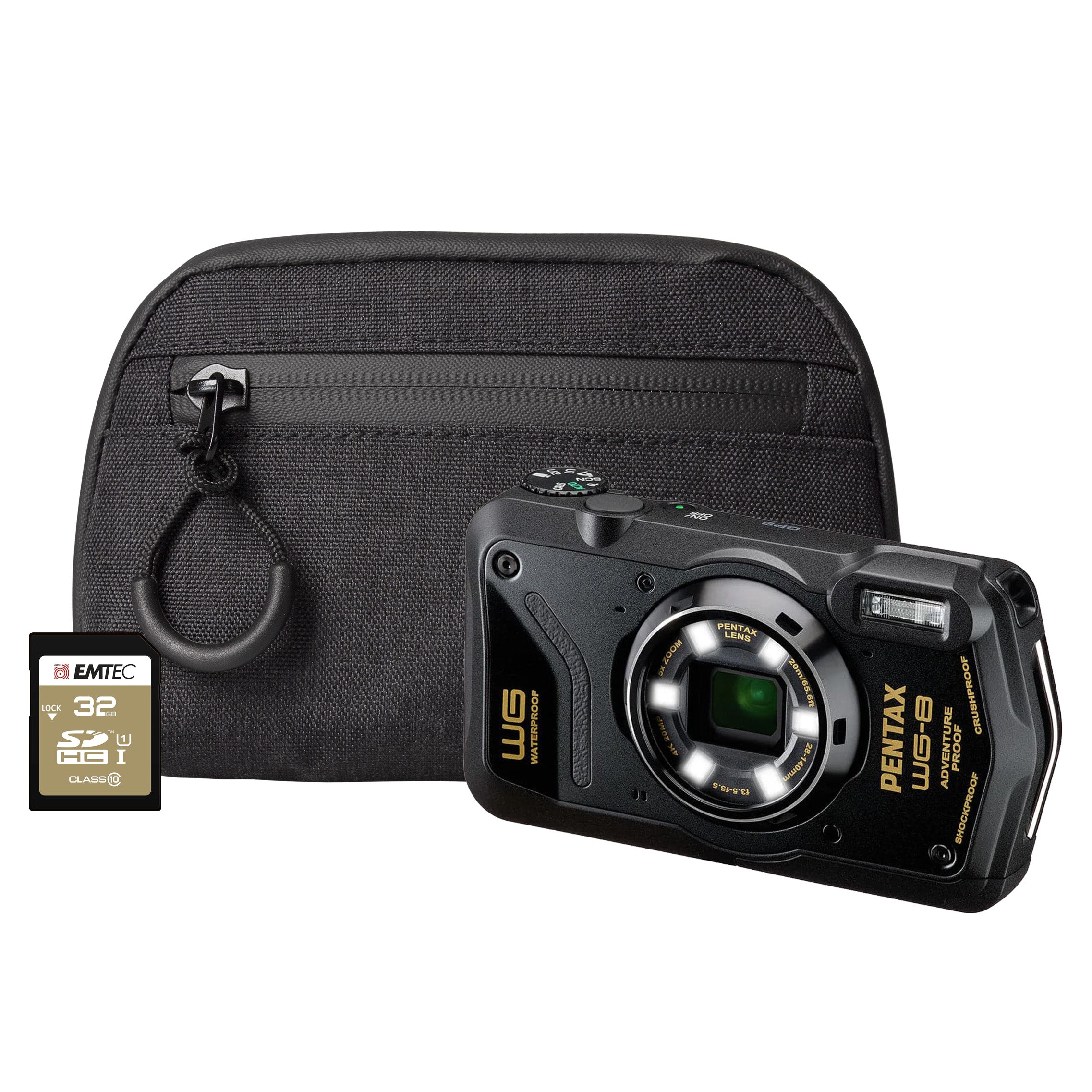 Pentax WG-8 20MP 5x Zoom Tough Compact Camera - Black Camera + 64GB SD Card + Case