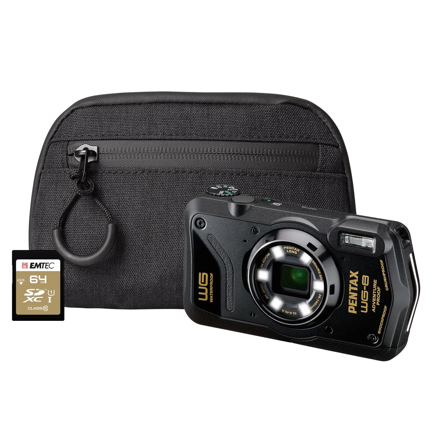 Pentax WG-8 20MP 5x Zoom Tough Compact Camera - Black Camera + 64GB SD Card + Case