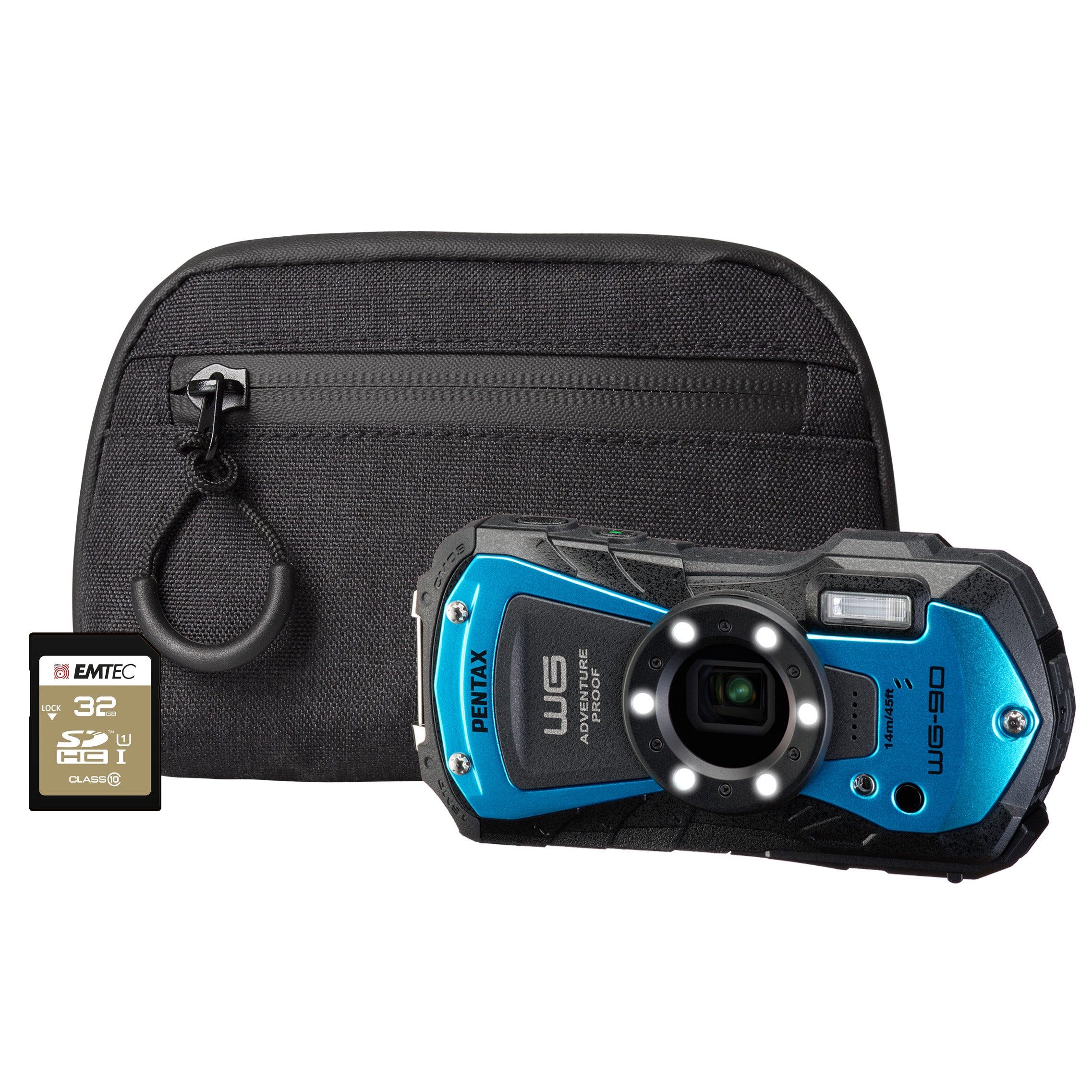 Pentax WG-90 16MP 5x Zoom Tough Compact Camera - Blue Camera + 64GB SD Card + Case