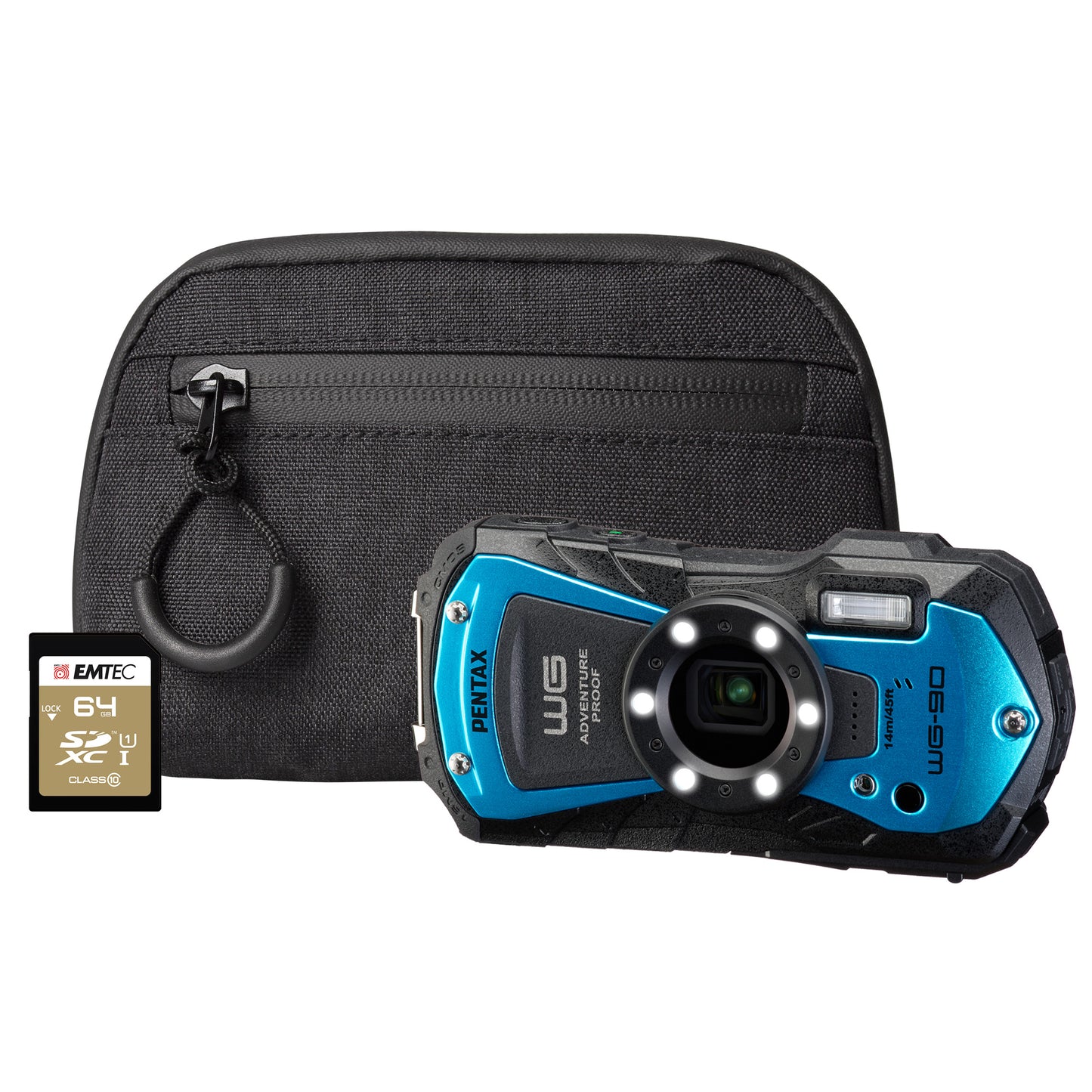 Pentax WG-90 16MP 5x Zoom Tough Compact Camera - Blue Camera + 64GB SD Card + Case