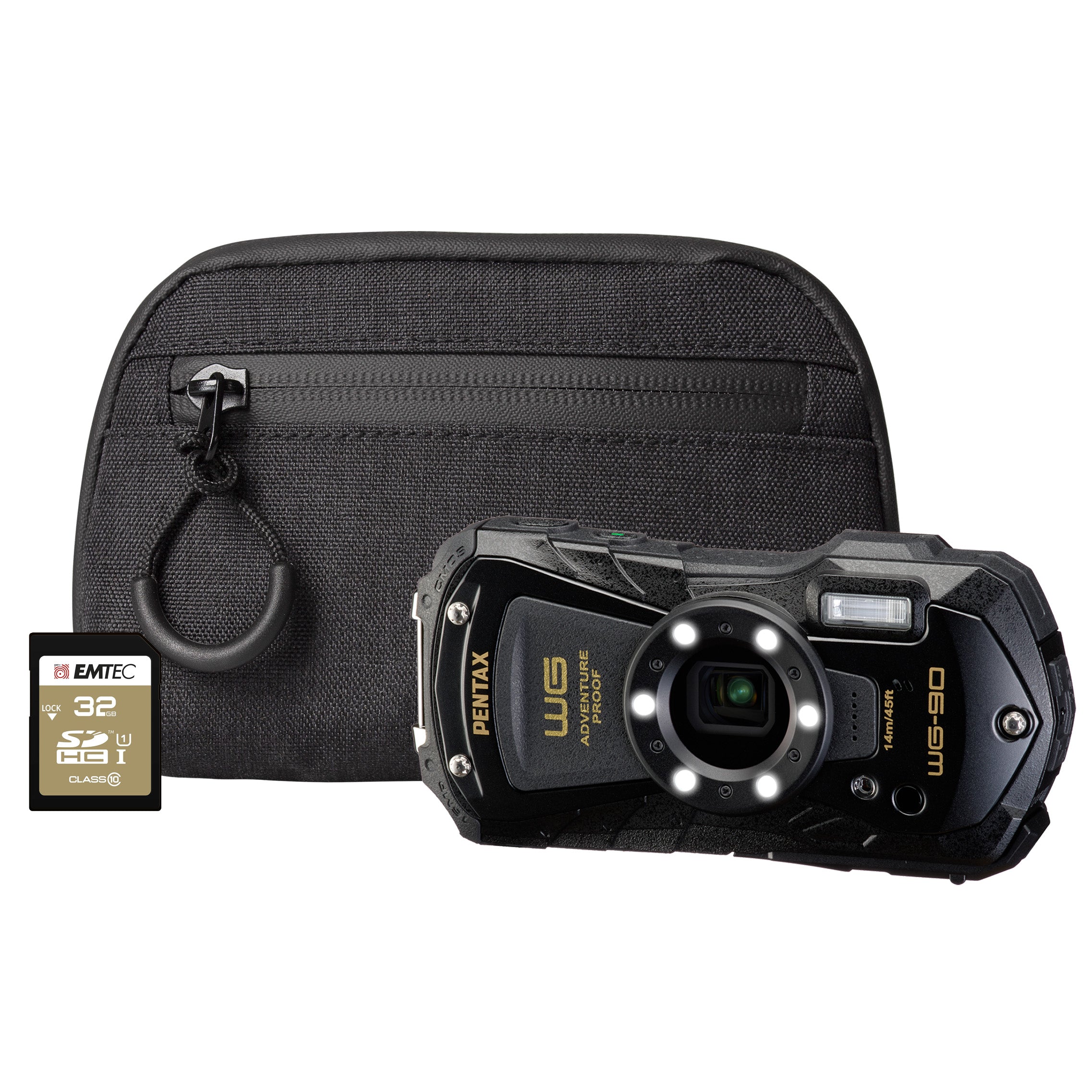 Pentax WG-90 16MP 5x Zoom Tough Compact Camera - Black Camera + 64GB SD Card + Case