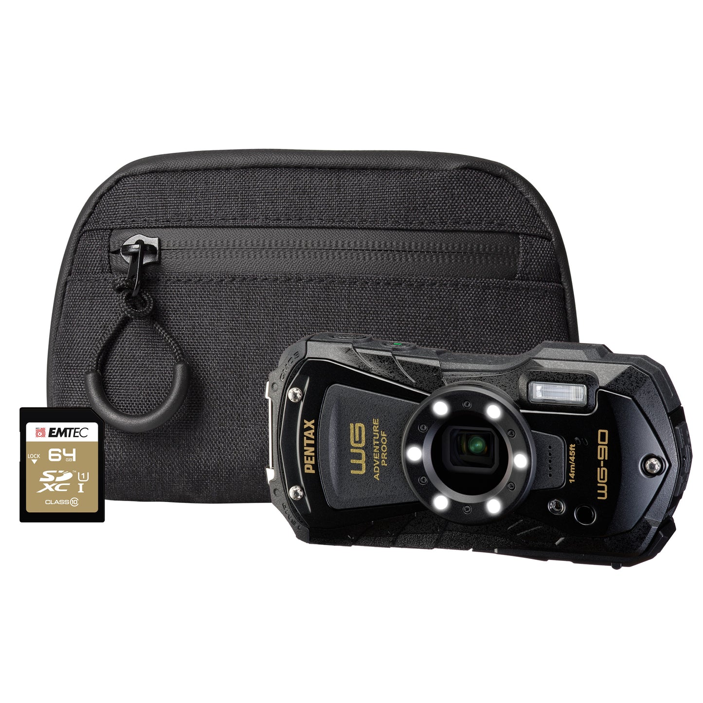 Pentax WG-90 16MP 5x Zoom Tough Compact Camera - Black Camera + 64GB SD Card + Case