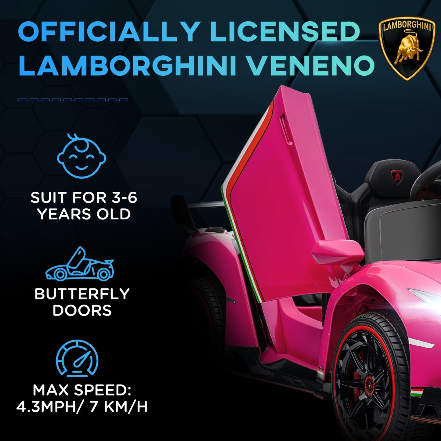 Maplin Plus Licensed Lamborghini Veneno 12V Electric Ride On Car with Portable Battery, Remote, Music & Horn - maplin.co.uk