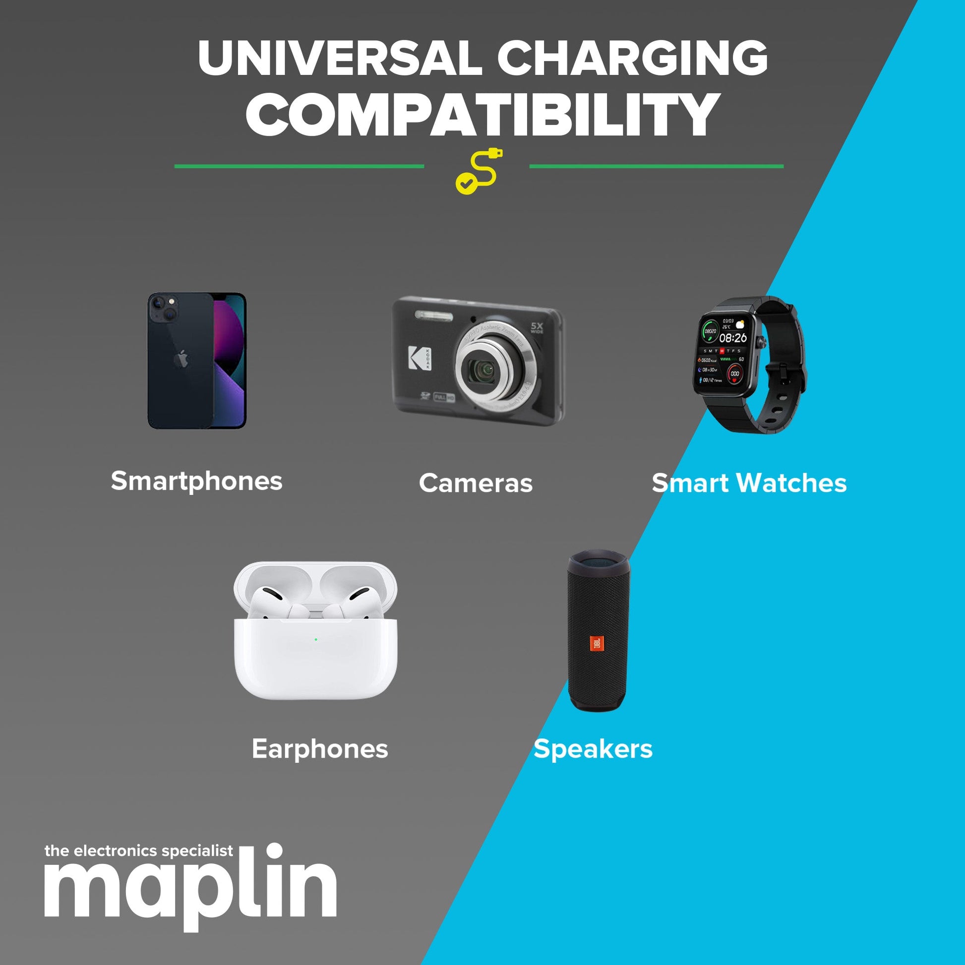 Maplin 5 Port (1x USB-C PD / 4x USB-A 3.0 QC) 60W High Speed USB Charger with 1.6m Cable - maplin.co.uk