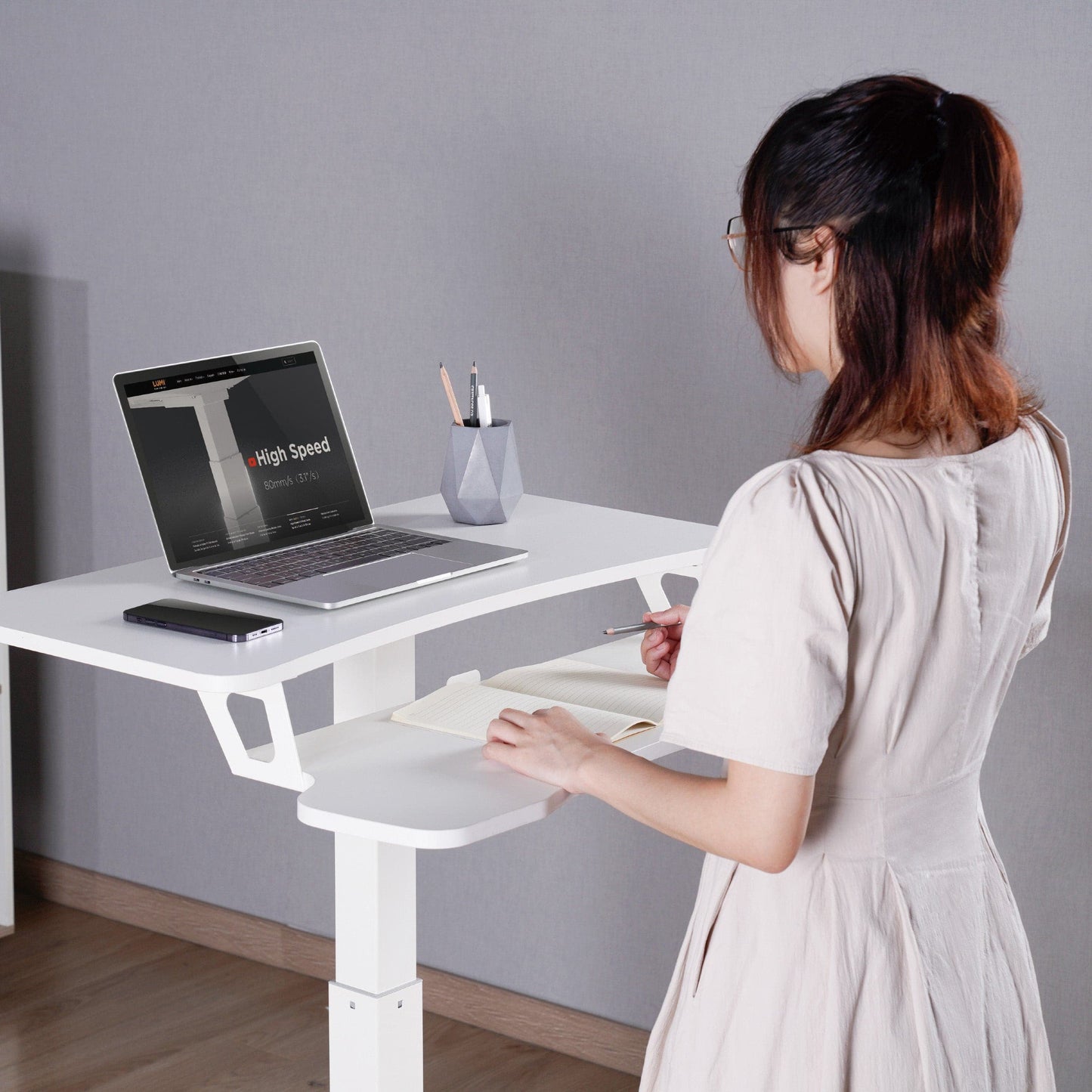 ProperAV Two Tier Mobile Desk Trolley Workstation with Gas Spring Height Adjustment - White - maplin.co.uk