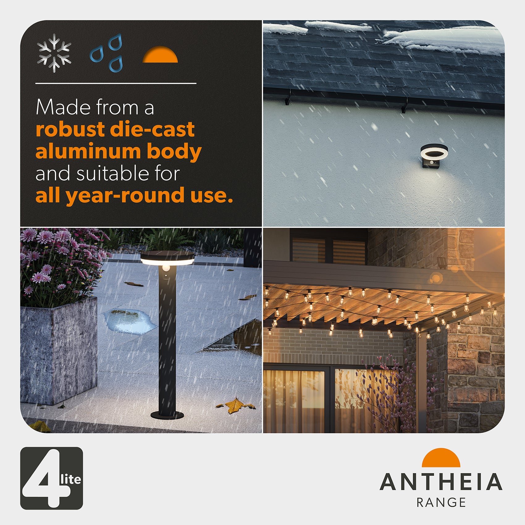 4lite Antheia Solar Sleek IP54 LED Outdoor Wall Light with Built in PIR Motion Sensor