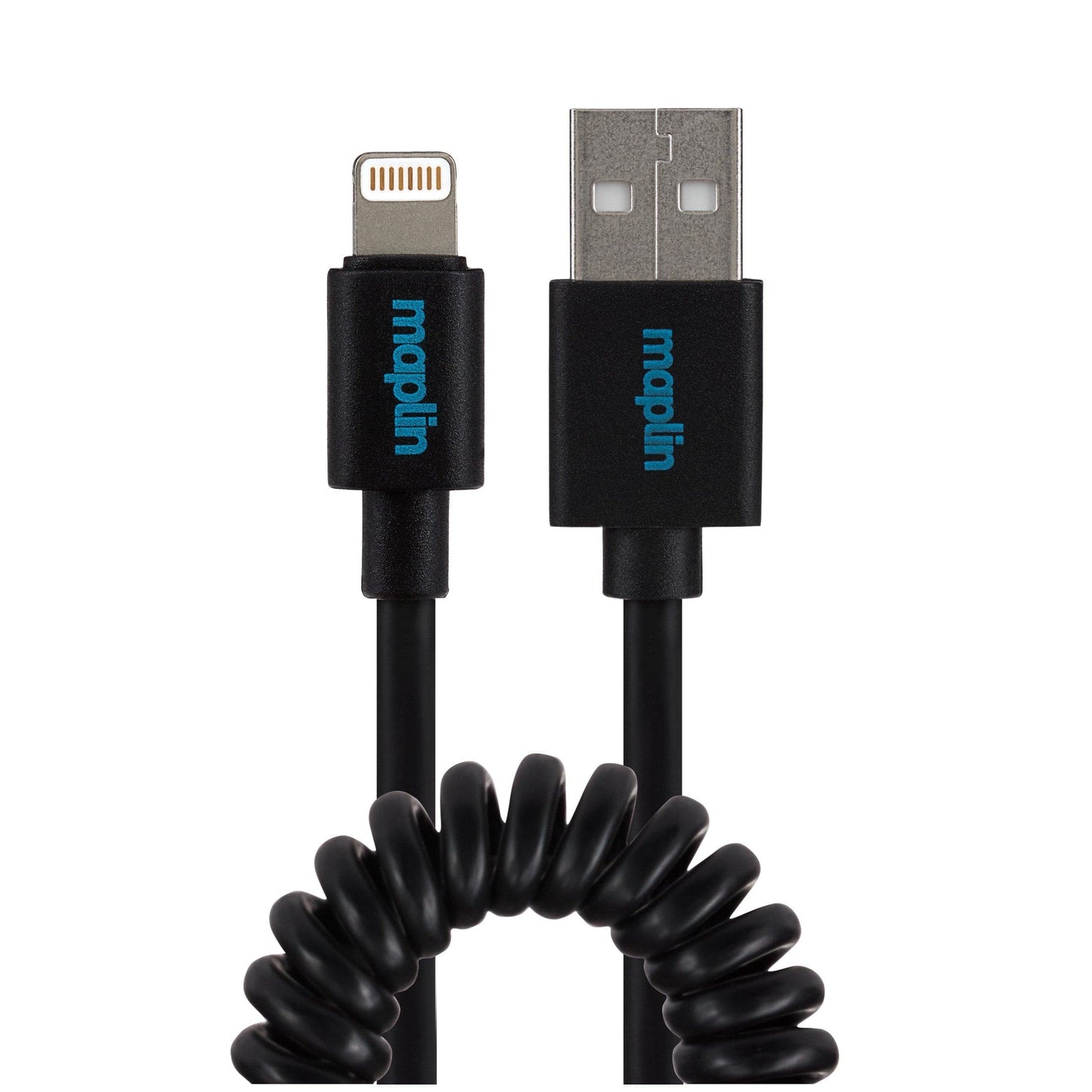 Maplin Lightning Connector to USB-A Coiled Curly Cable - Black - maplin.co.uk