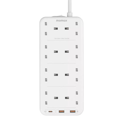 MOMAX OnePlug 8-Outlet Extension Plug Socket Power Strip with USB-C & 2x USB-A - 2m