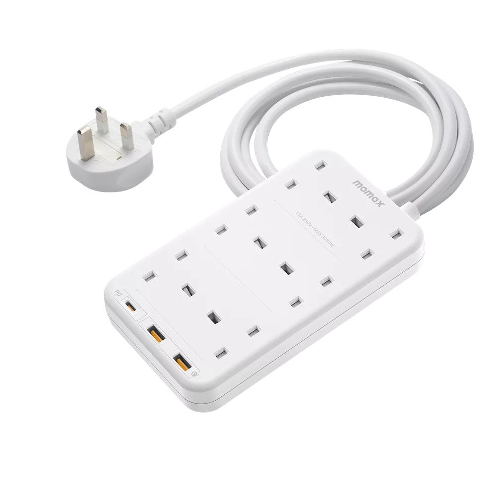 MOMAX OnePlug 6-Outlet Extension Plug Socket Power Strip with USB-C & 2x USB-A - 2m