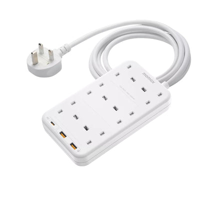 MOMAX OnePlug 6-Outlet Extension Plug Socket Power Strip with USB-C & 2x USB-A - 2m