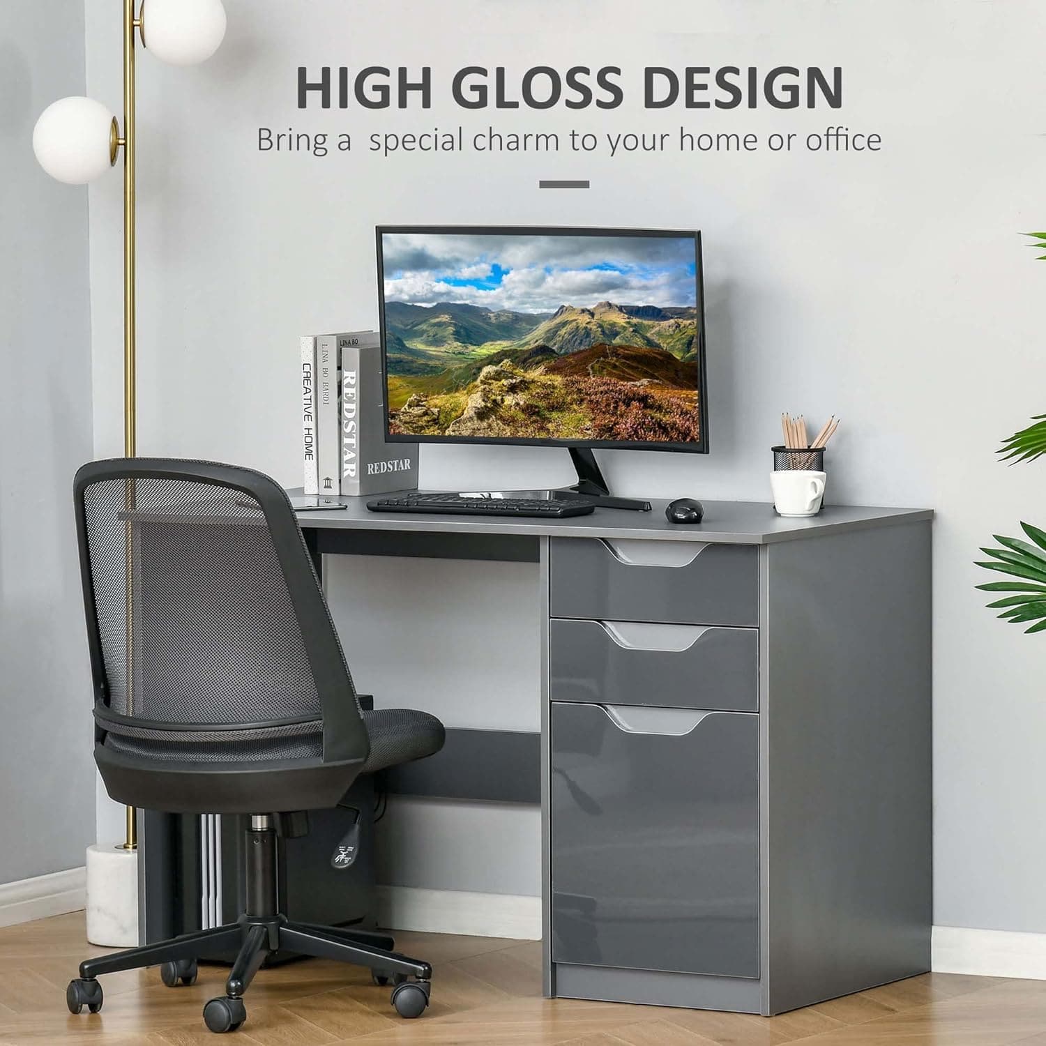 ProperAV Extra High Gloss Office Desk with Drawers & Storage Cabinet - Grey