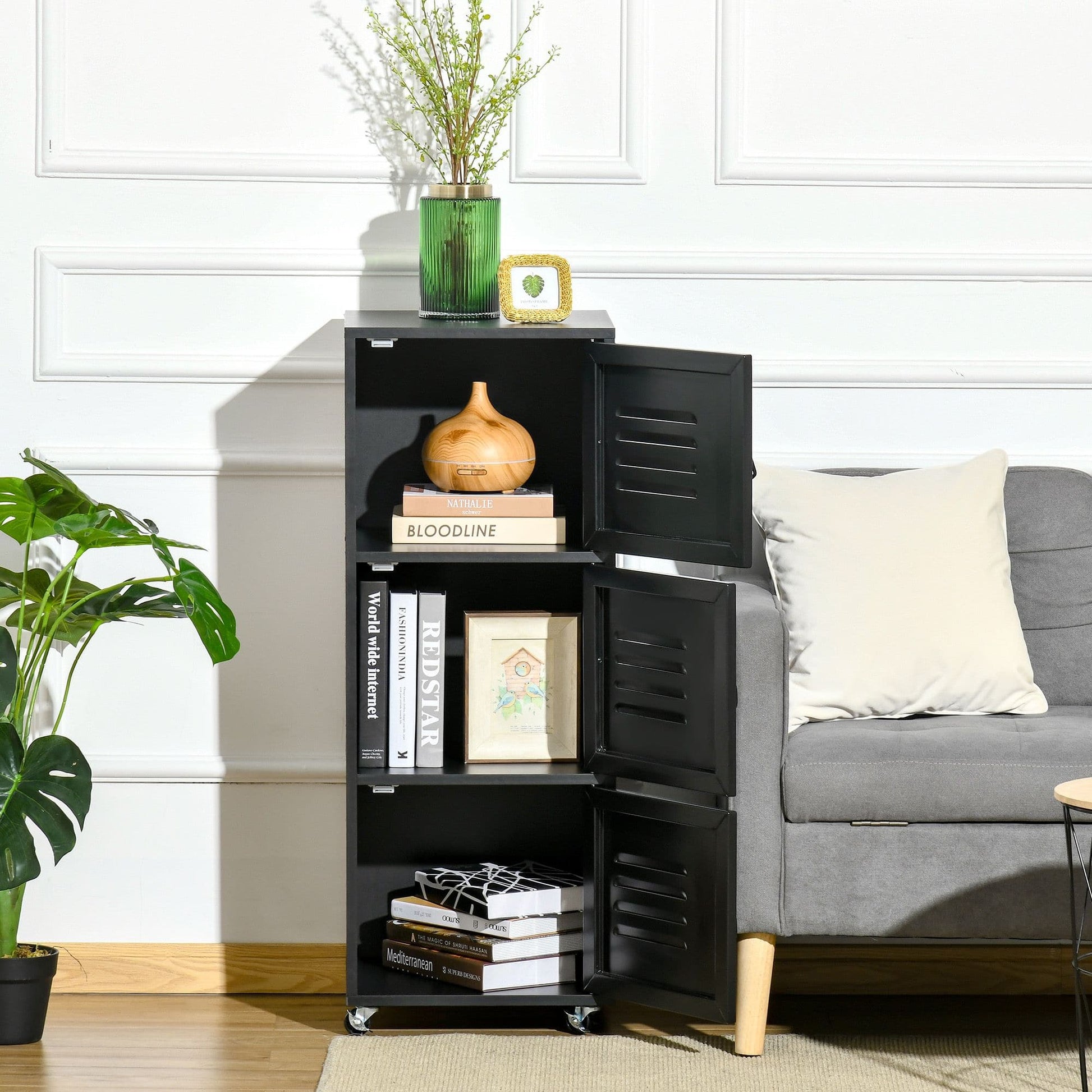 ProperAV Extra Mobile 3-Tier Storage Filing Cabinet with Wheels & Metal Doors - Black - maplin.co.uk