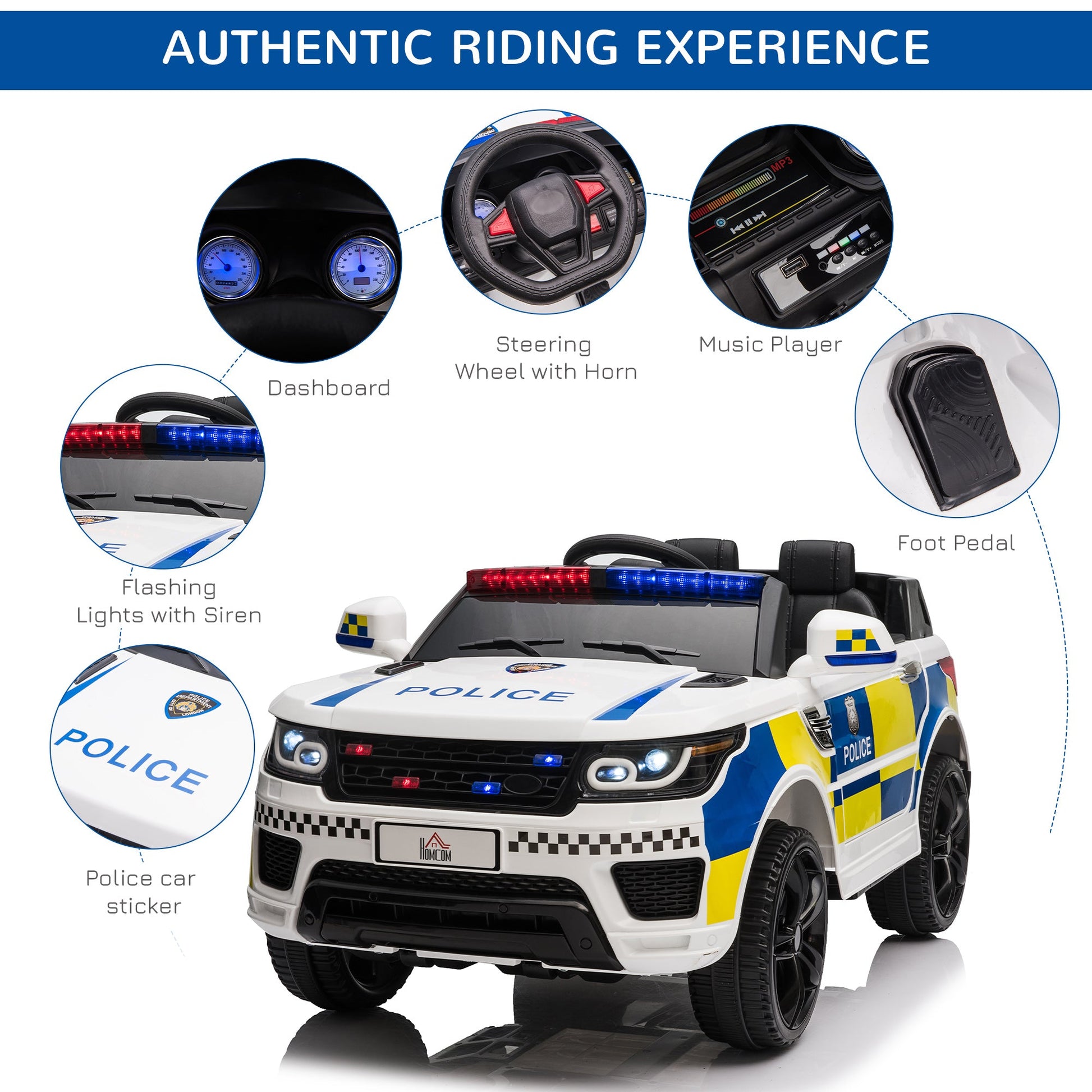 HOMCOM 12V Kid Electric Ride On Police Car with Remote Siren Light (3-6 Years) - maplin.co.uk