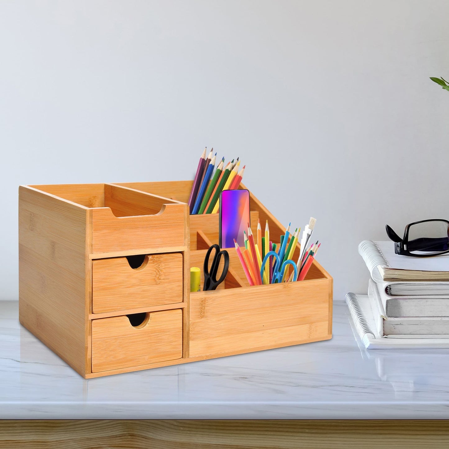 ProperAV Extra Multi-Function Storage Organiser with 7 Storage Compartments & 2 Drawers - Bamboo - maplin.co.uk