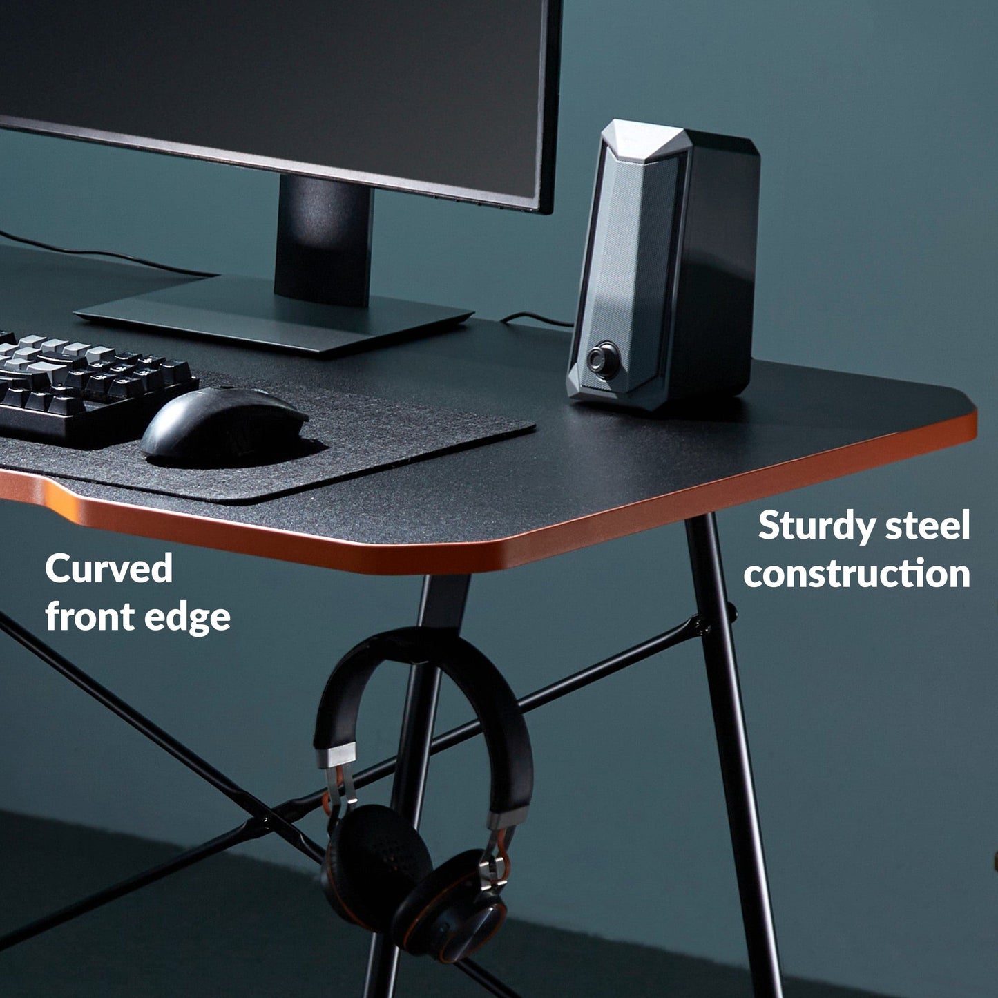 Maplin Gaming Desk with Headphone Hook & Cup Holder - Matte Black & Orange - maplin.co.uk