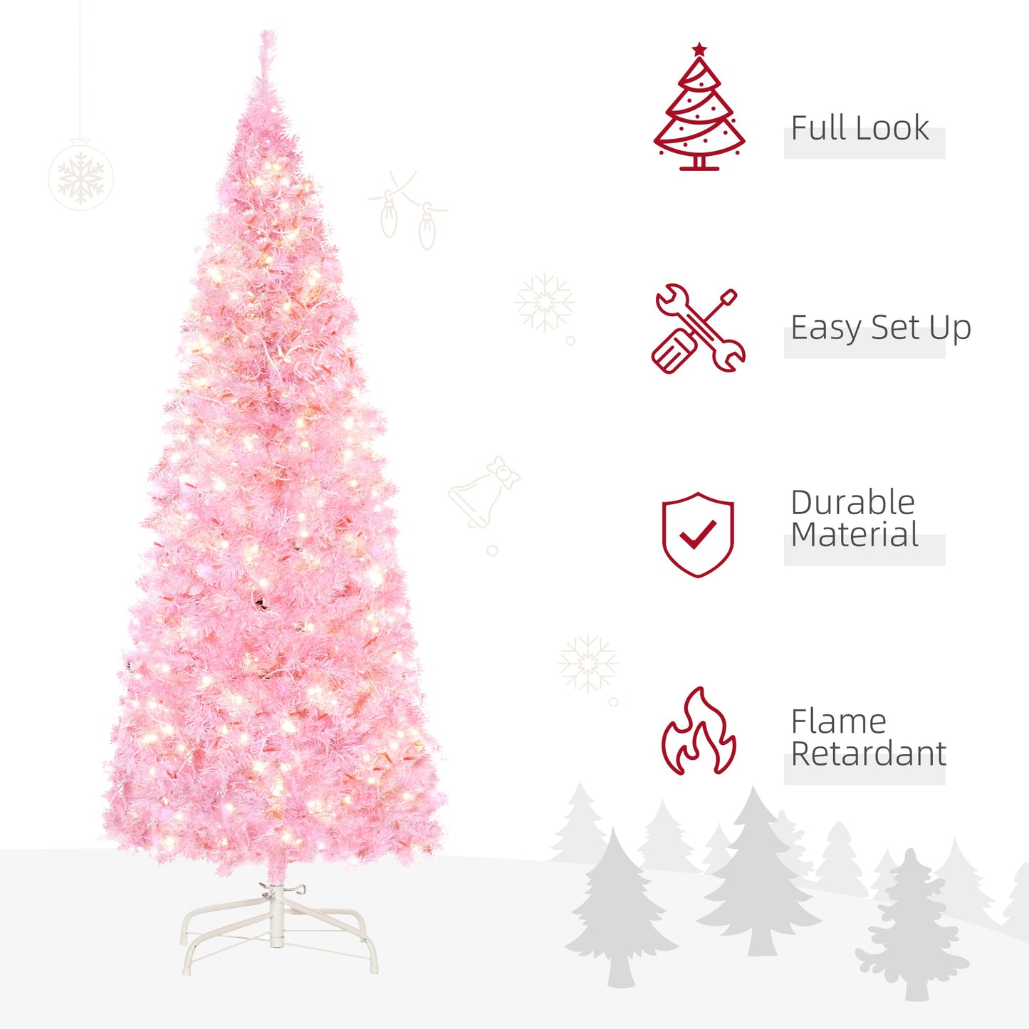 HOMCOM 5ft LED Pencil Slim Artificial Christmas Tree with Realistic Branches - Pink - maplin.co.uk