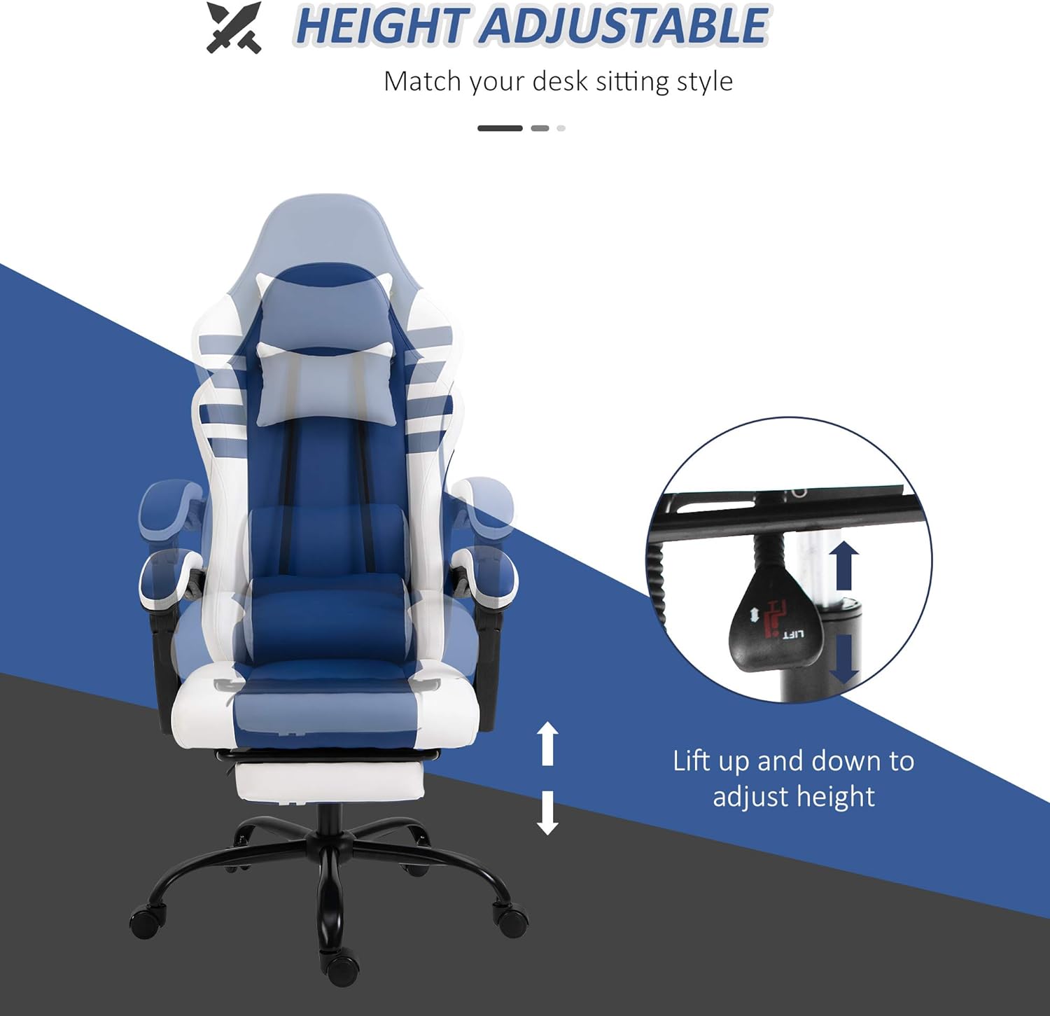 Maplin Plus PU Leather Reclining Adjustable Gaming Chair with Headrest & Footrest - Blue & White - maplin.co.uk