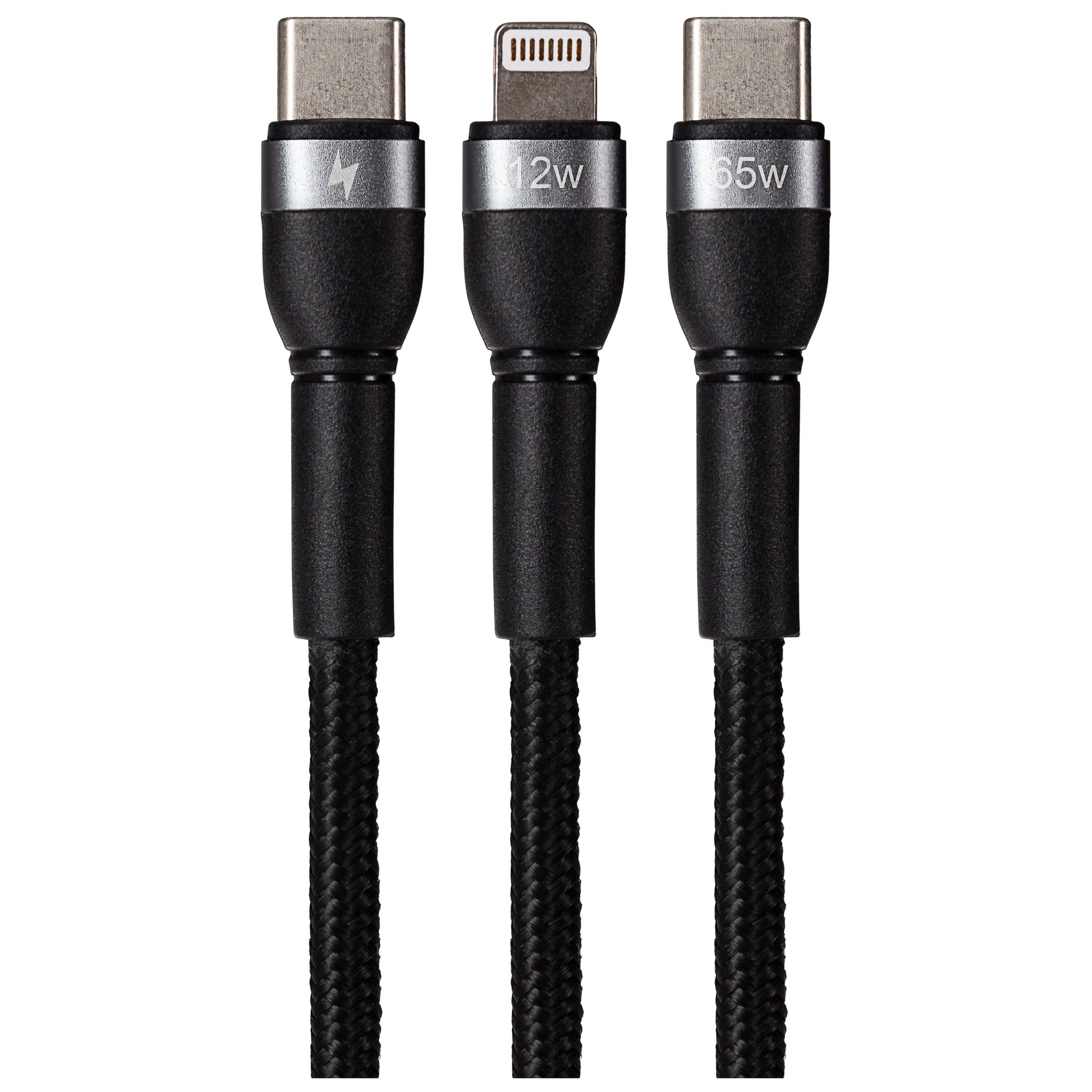 Maplin PRO USB-C to Dual USB-C / Lightning 65W Data Transfer & Charging Braided Cable - Black, 1.2m - maplin.co.uk