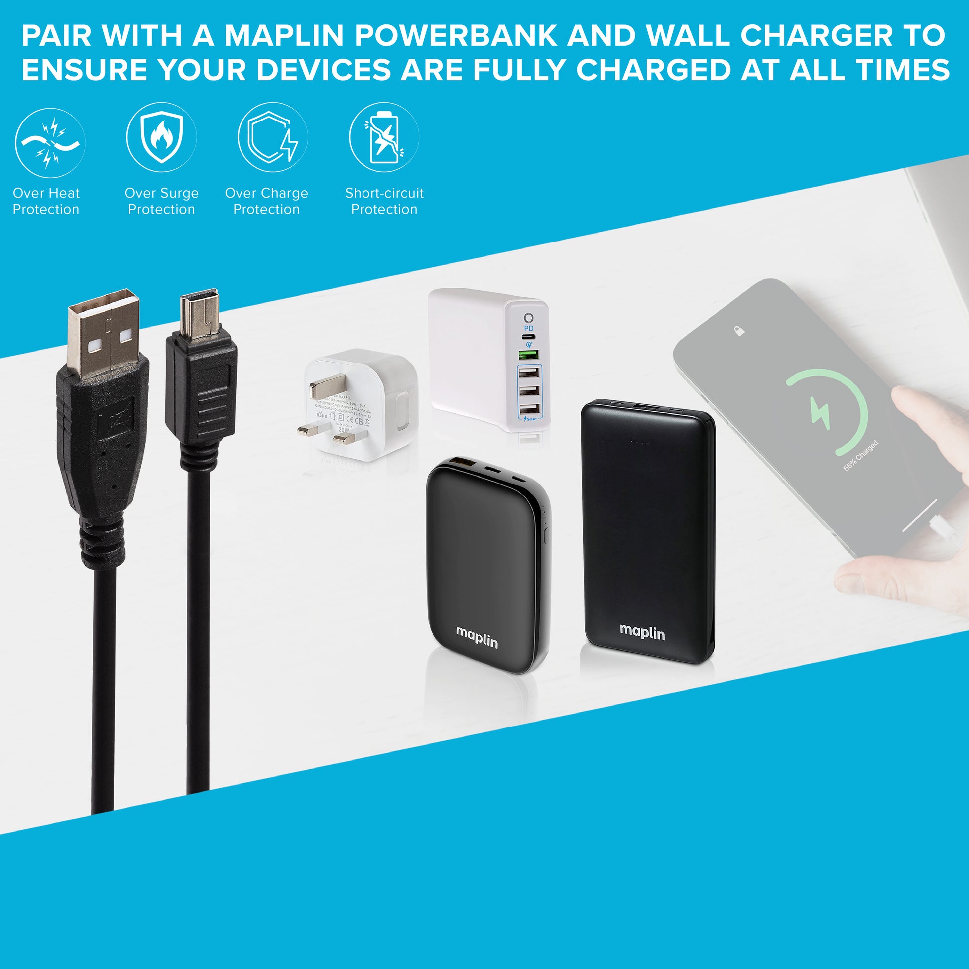 Maplin USB-A to Mini USB-B Cable - Black, 2m