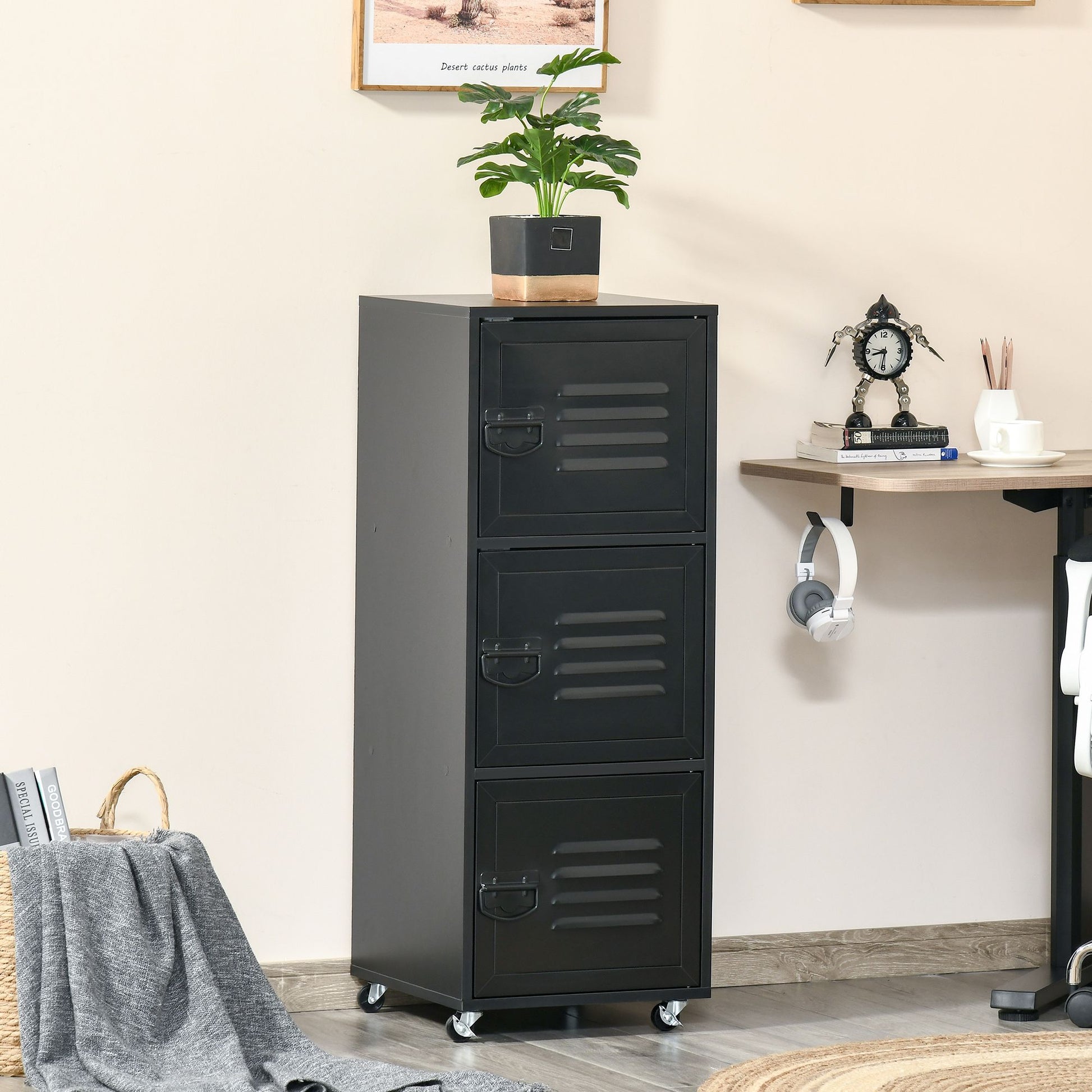 ProperAV Extra Mobile 3-Tier Storage Filing Cabinet with Wheels & Metal Doors - Black - maplin.co.uk