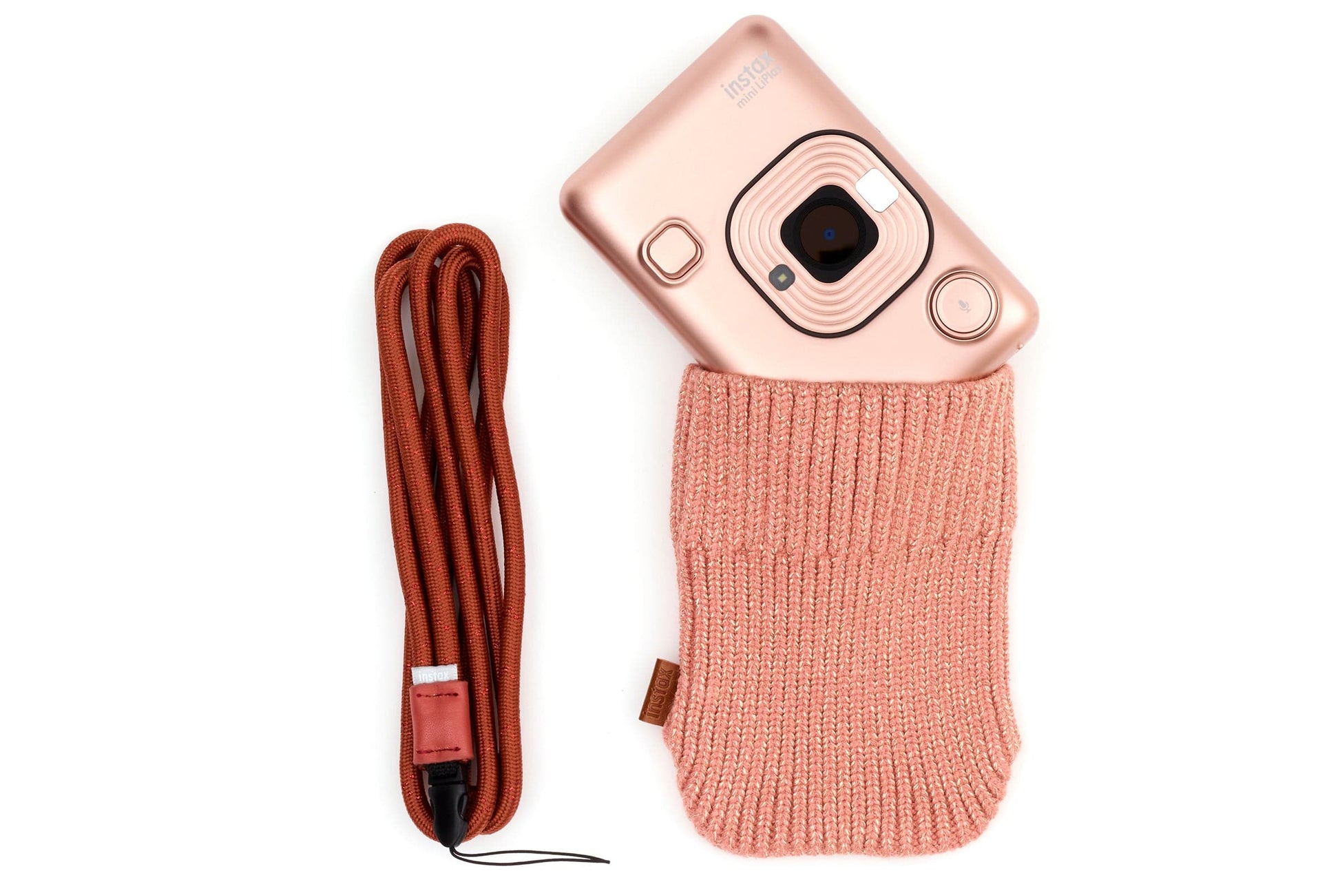 Fujifilm Instax Mini Liplay Accessory Kit with Neck Strap & Knitted Pouch - Blush Gold - maplin.co.uk