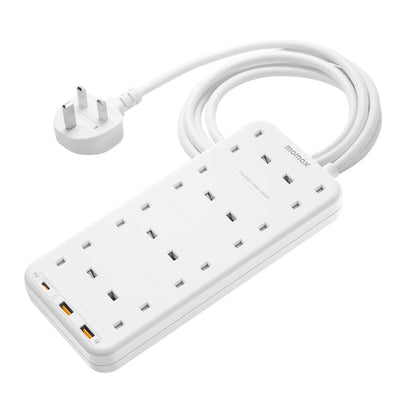 MOMAX OnePlug 8-Outlet Extension Plug Socket Power Strip with USB-C & 2x USB-A - 2m