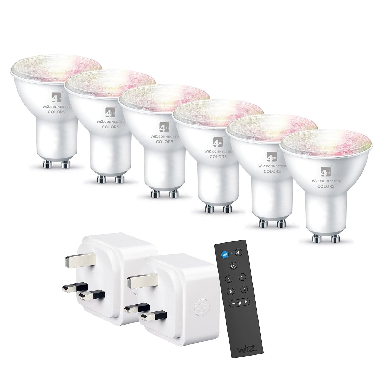 4lite WiZ Connected Smart Lighting Kit including 6x GU10 Bulbs, 1x Remote Control & 2x 3-Pin UK Plugs - maplin.co.uk