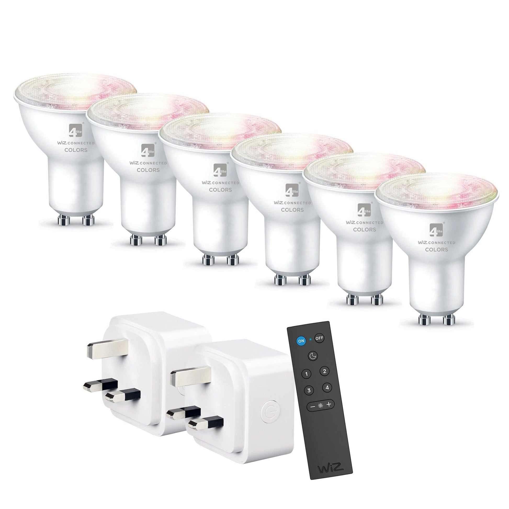 4lite WiZ Connected Smart Lighting Kit including 6x GU10 Bulbs, 1x Remote Control & 2x 3-Pin UK Plugs - maplin.co.uk
