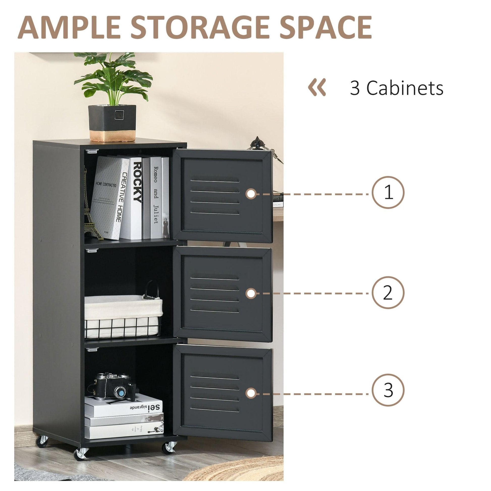 ProperAV Extra Mobile 3-Tier Storage Filing Cabinet with Wheels & Metal Doors - Black - maplin.co.uk