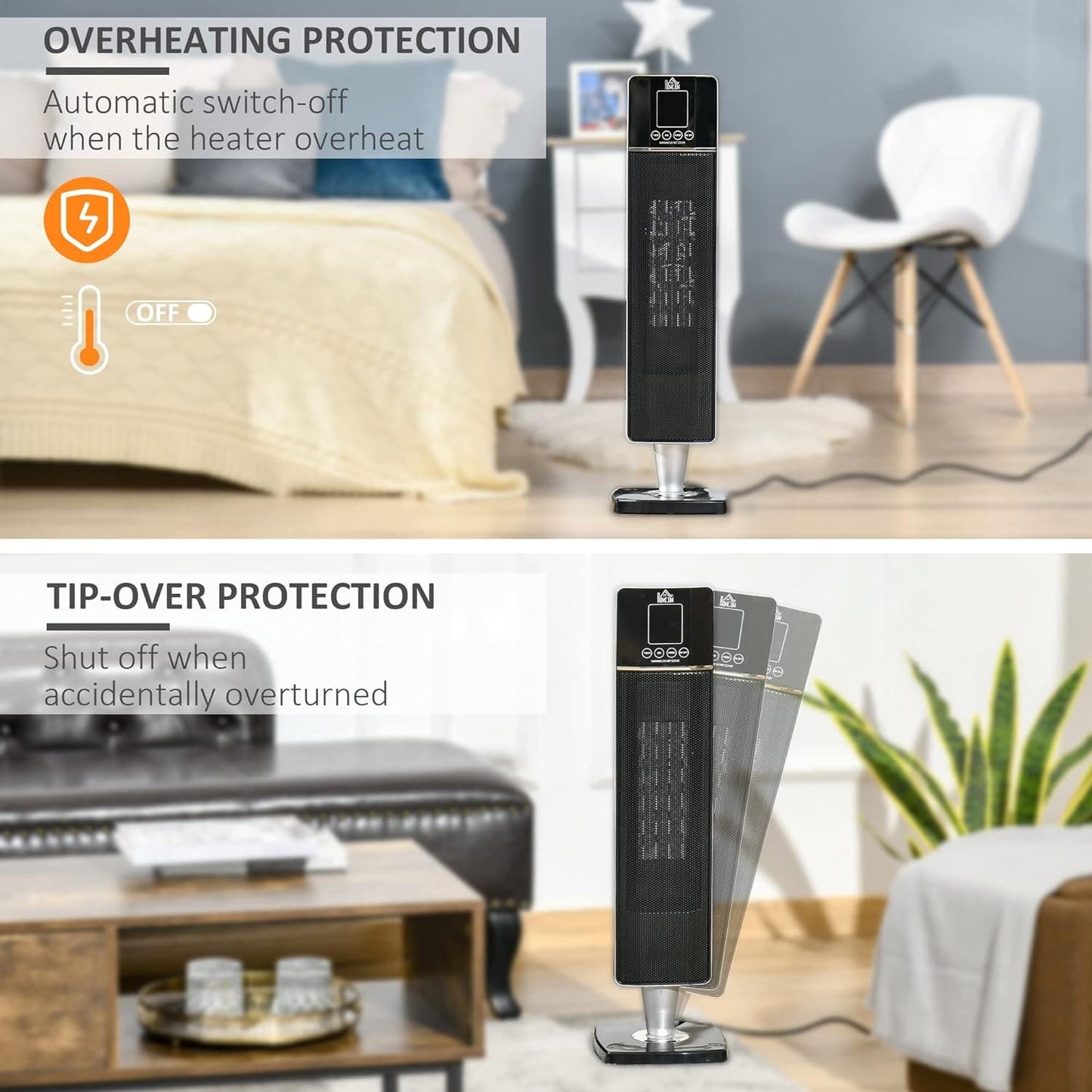 Maplin Plus 2kW Portable Indoor Oscillating Ceramic Tower Space Heater with Adjustable Modes - Black - maplin.co.uk