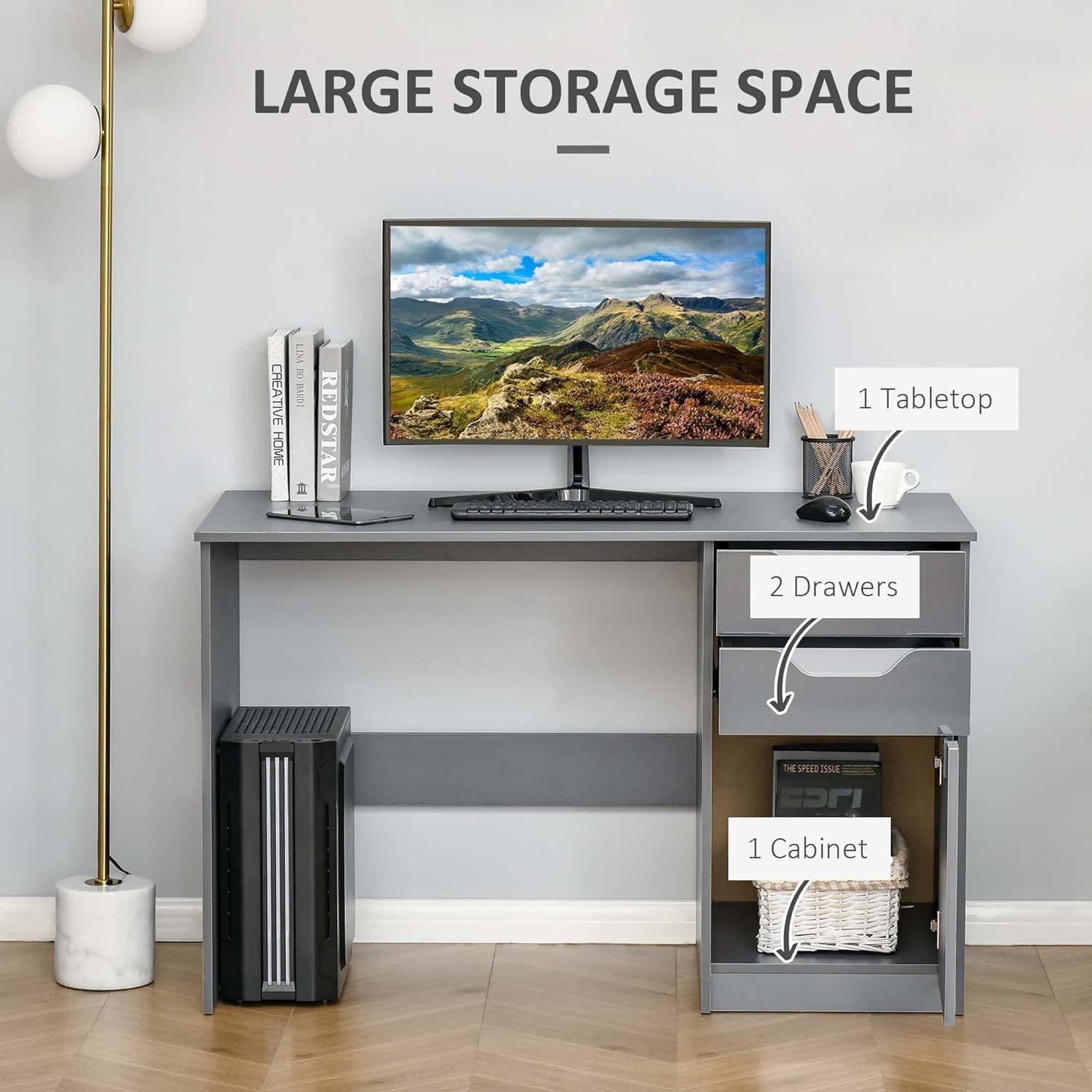 ProperAV Extra High Gloss Office Desk with Drawers & Storage Cabinet - Grey