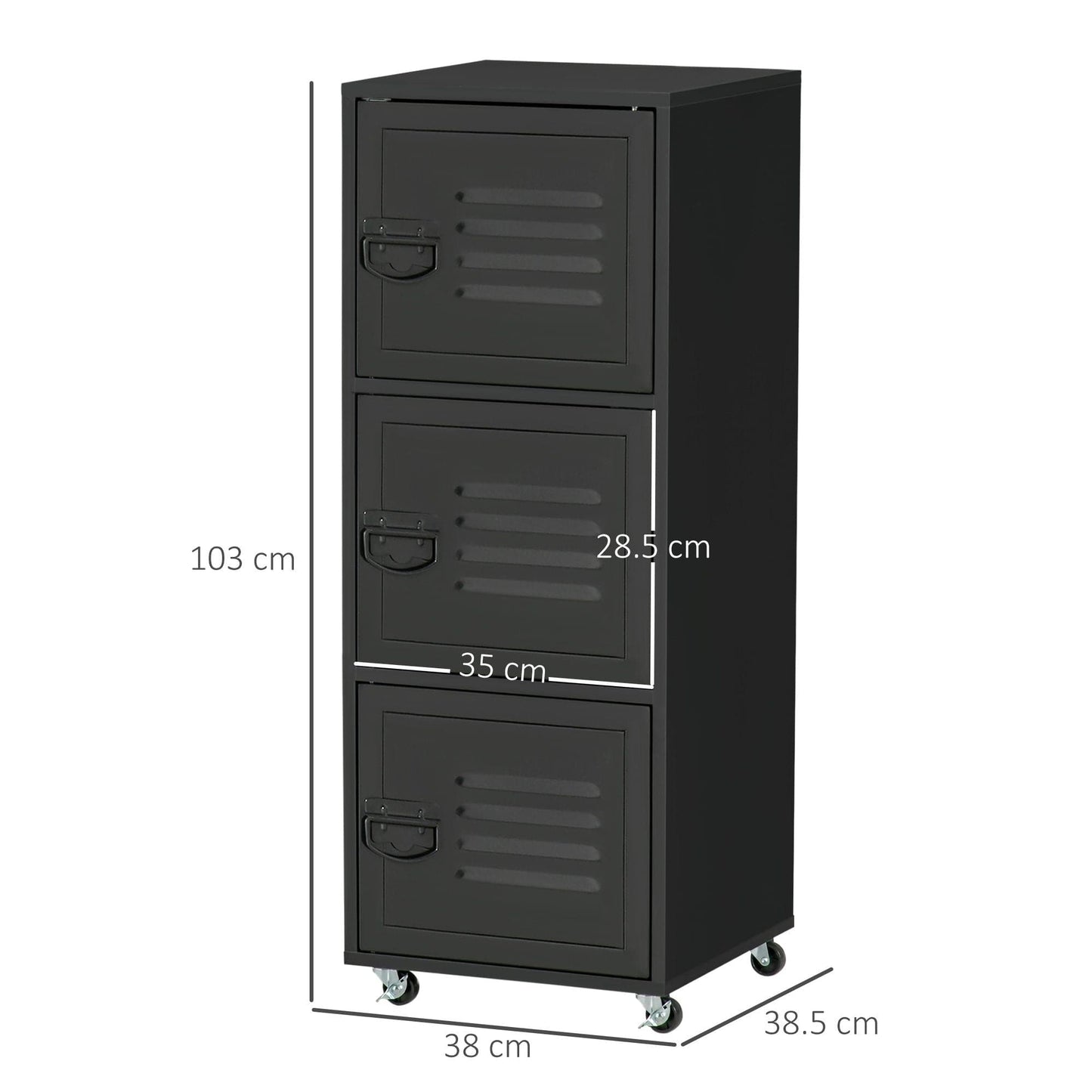 ProperAV Extra Mobile 3-Tier Storage Filing Cabinet with Wheels & Metal Doors - Black - maplin.co.uk