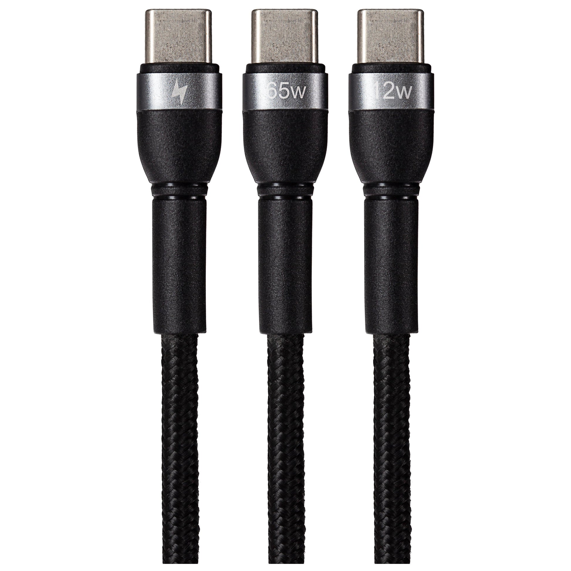Maplin PRO 2-in-1 USB-C to USB-C 65W / USB-C 12W Braided Charging Cable - Black - maplin.co.uk