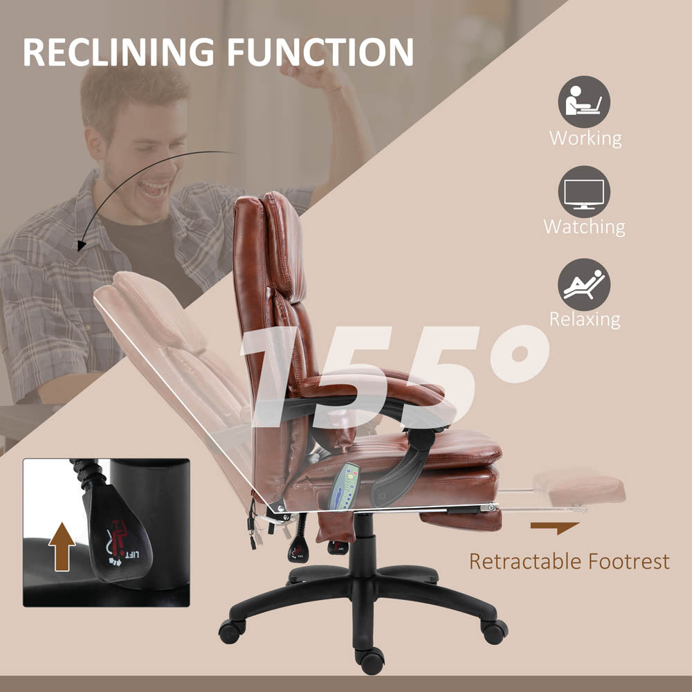 ProperAV Extra PU Leather Adjustable Reclining Executive Office Chair with 7 Point Vibrating Massage & Footrest - Brown - maplin.co.uk