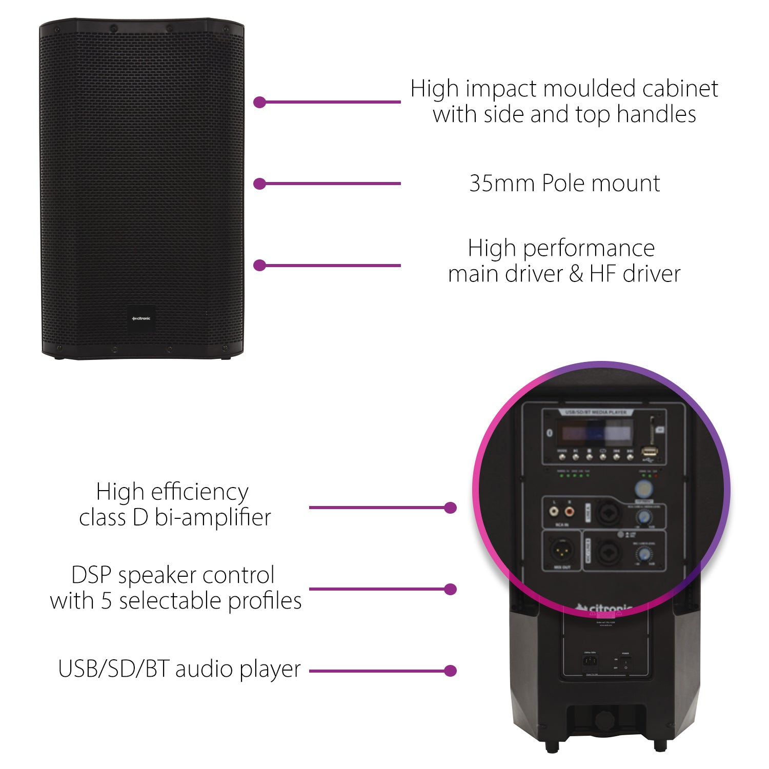 Citronic CASA Active PA Cabinet with DSP, USB/SD & Bluetooth