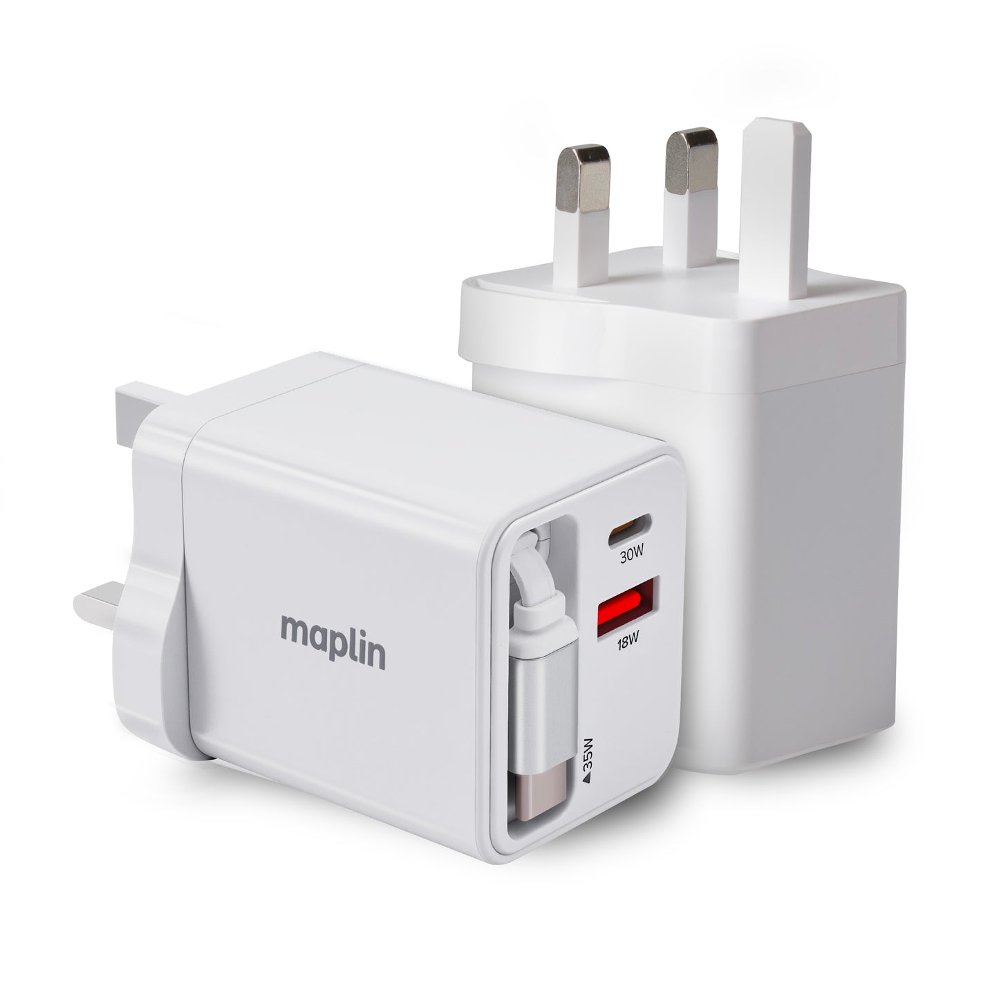 Maplin 35W GaN 2-Port USB Wall Charger with USB-C PD, USB-A QC 3.0 & Retractable USB-C Cable