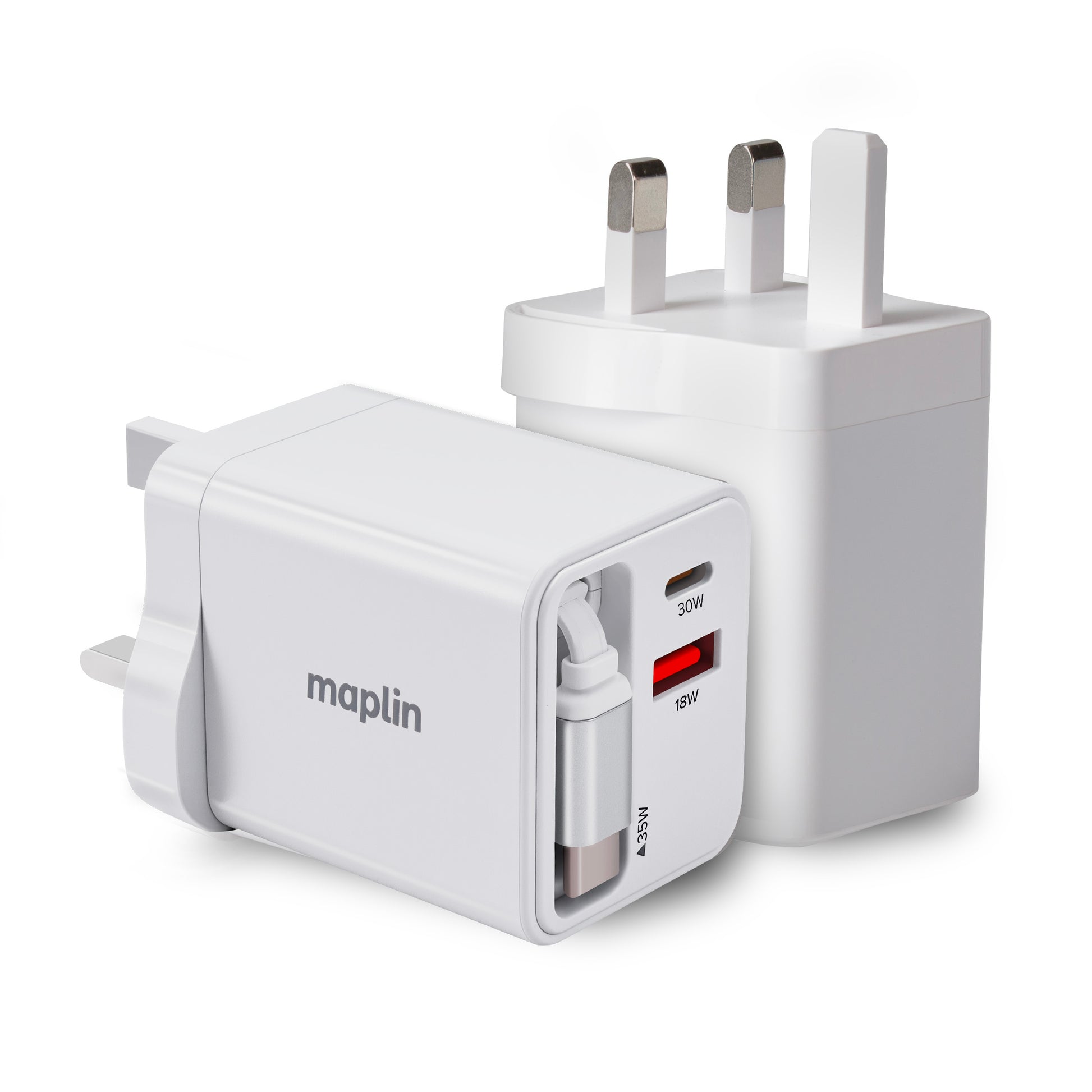 Maplin 35W GaN 2-Port USB Wall Charger with USB-C PD, USB-A QC 3.0 & Retractable USB-C Cable