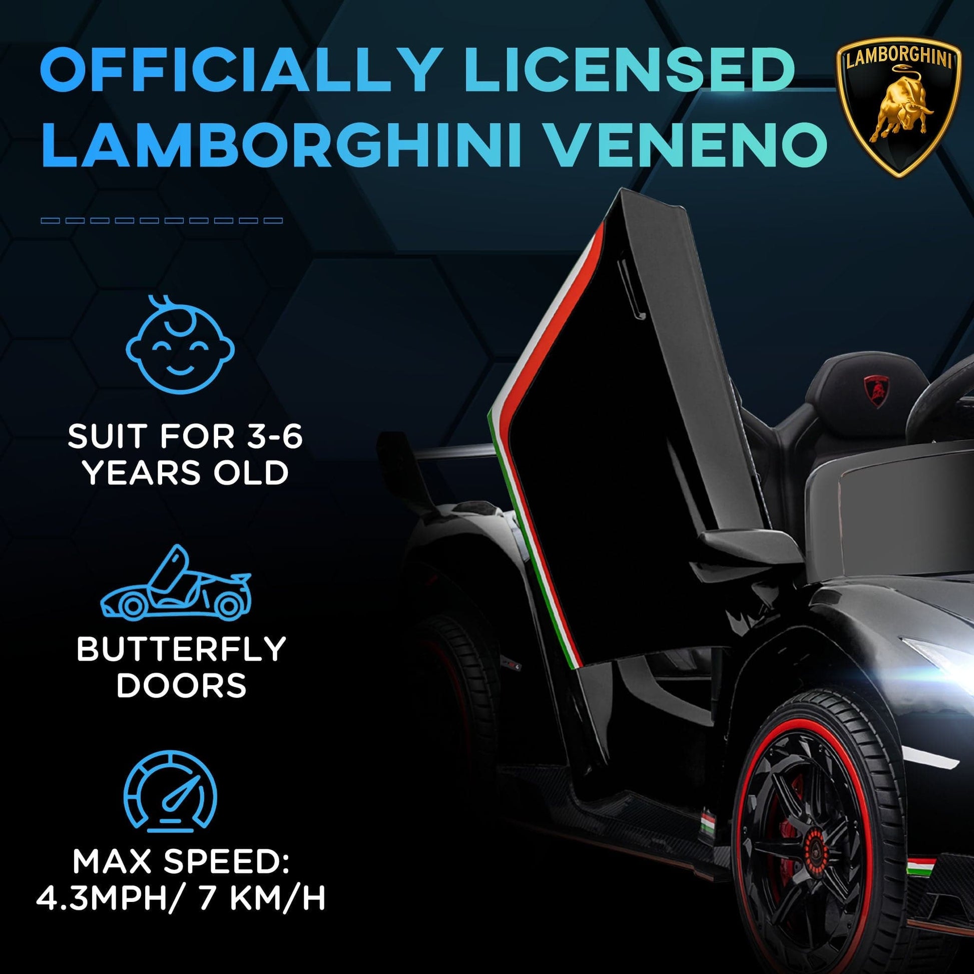 Maplin Plus Licensed Lamborghini Veneno 12V Electric Ride On Car with Portable Battery, Remote, Music & Horn - maplin.co.uk